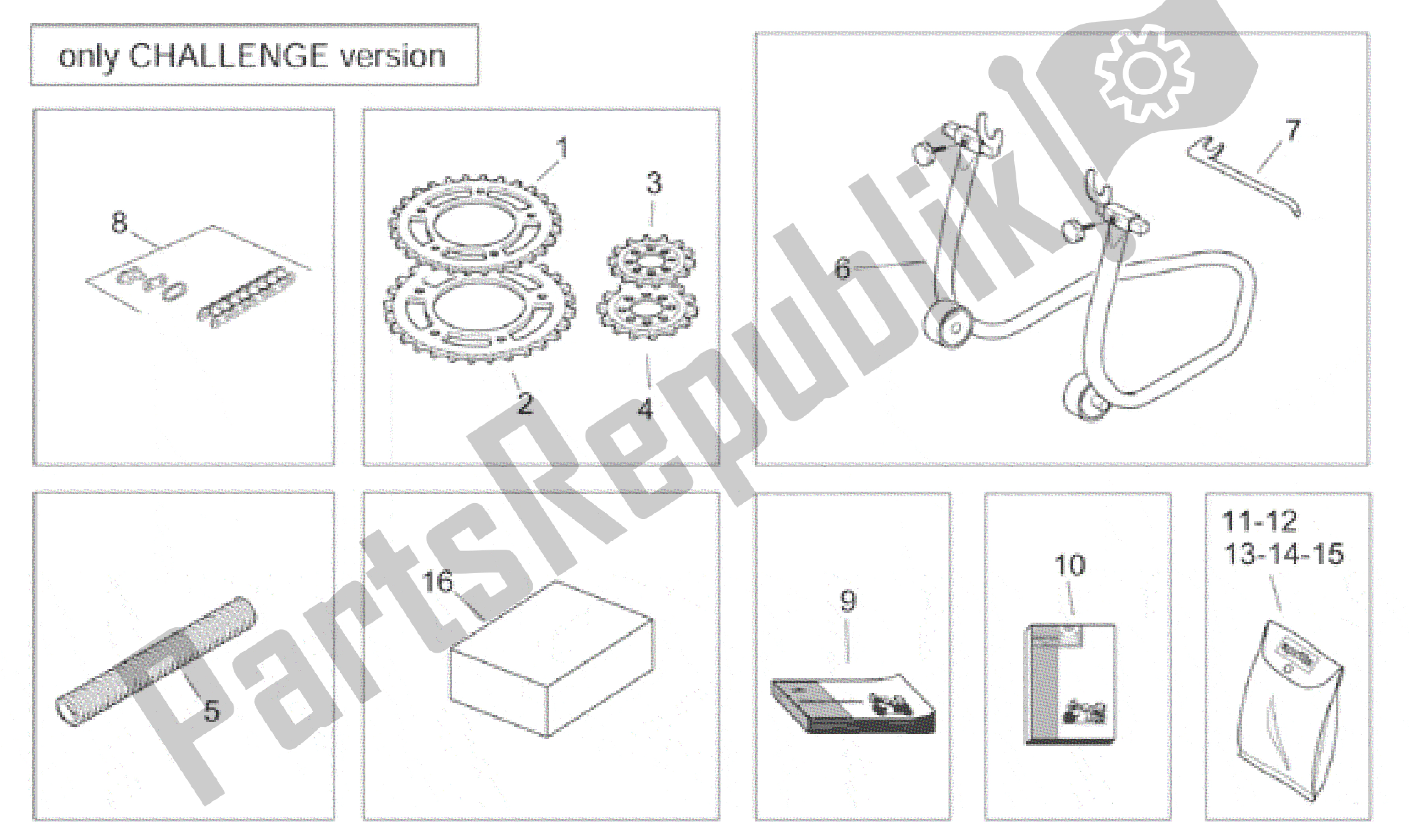 All parts for the Accessories Kit - Challenge Version of the Aprilia RS 250 1998 - 2001