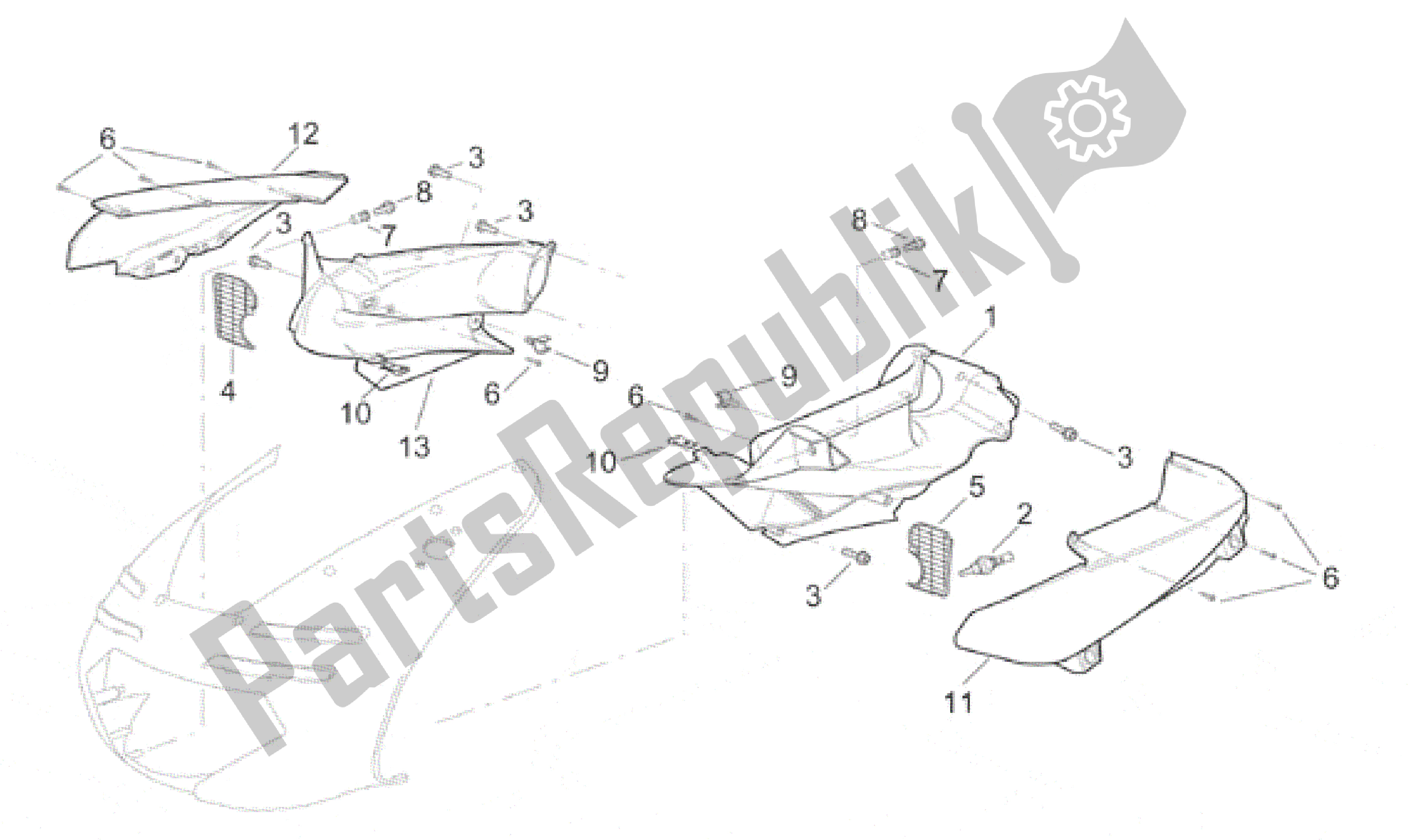 Alle onderdelen voor de Voorlichaam - Kanaal van de Aprilia RSV Mille R 3901 1000 2001 - 2002