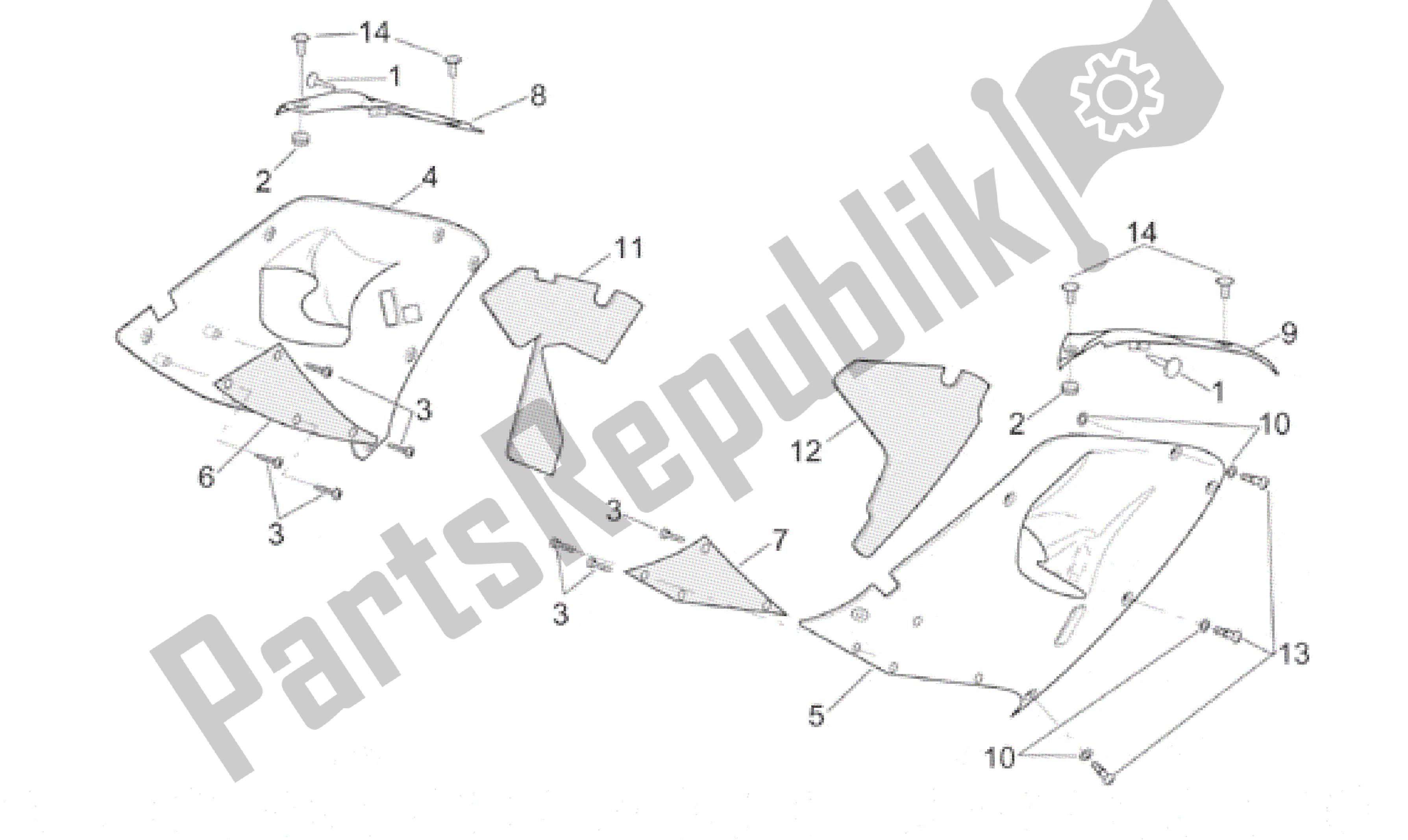 All parts for the Central Body - Upper Fairings of the Aprilia RSV Mille R 3901 1000 2001 - 2002