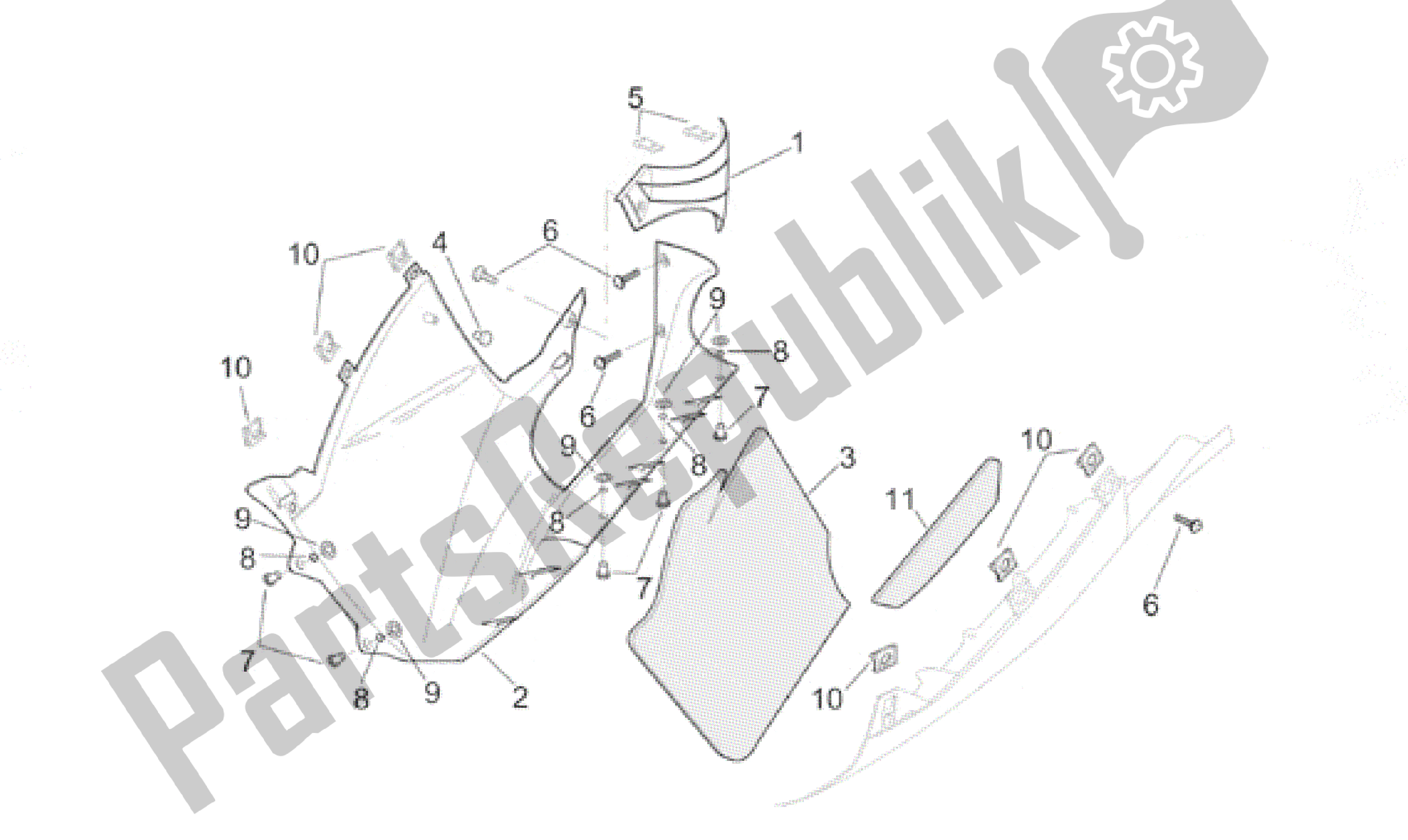 All parts for the Central Body - Rh Fairings of the Aprilia RSV Mille R 3901 1000 2001 - 2002
