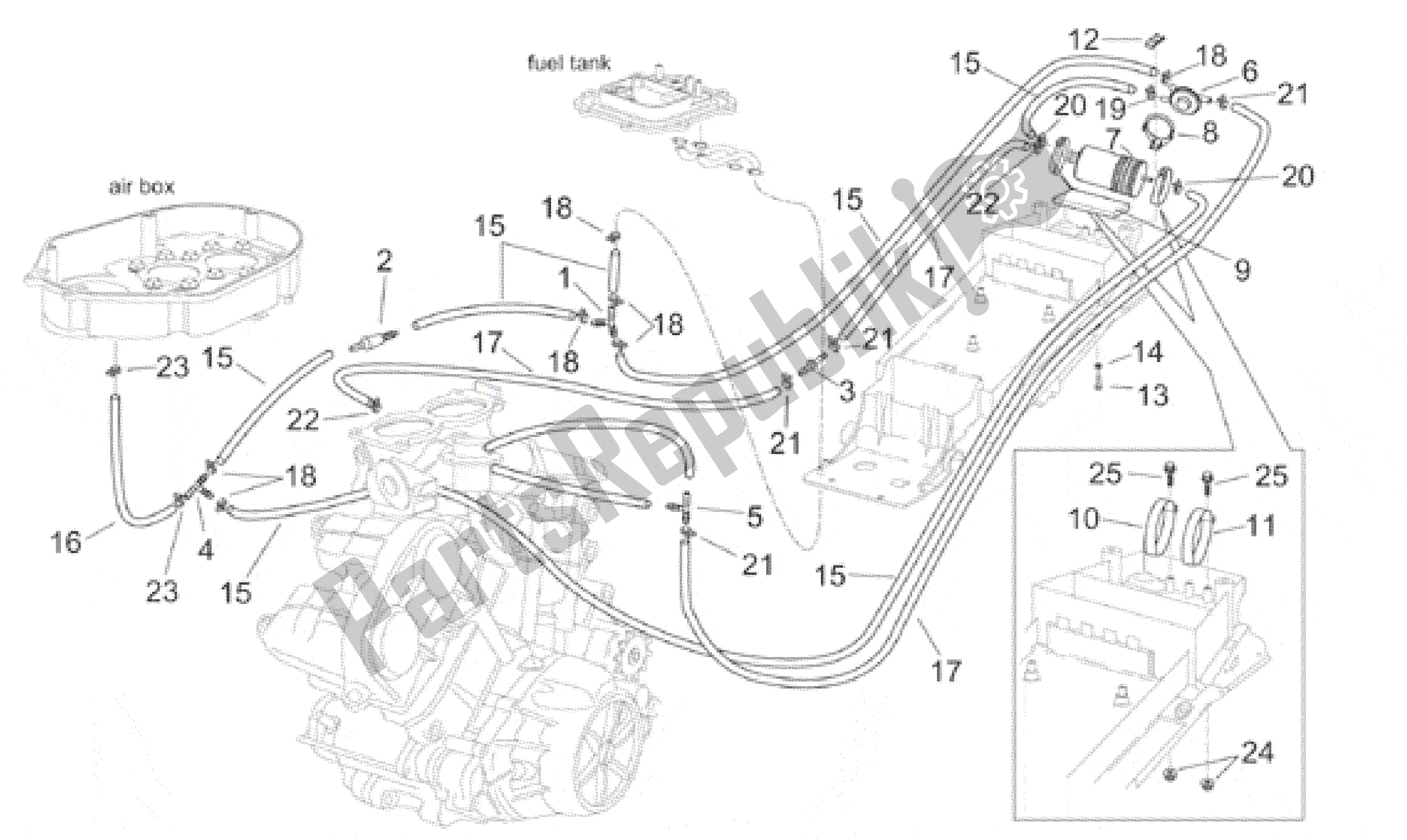 All parts for the Fuel Vapour Recover System of the Aprilia RSV Mille R 3901 1000 2001 - 2002