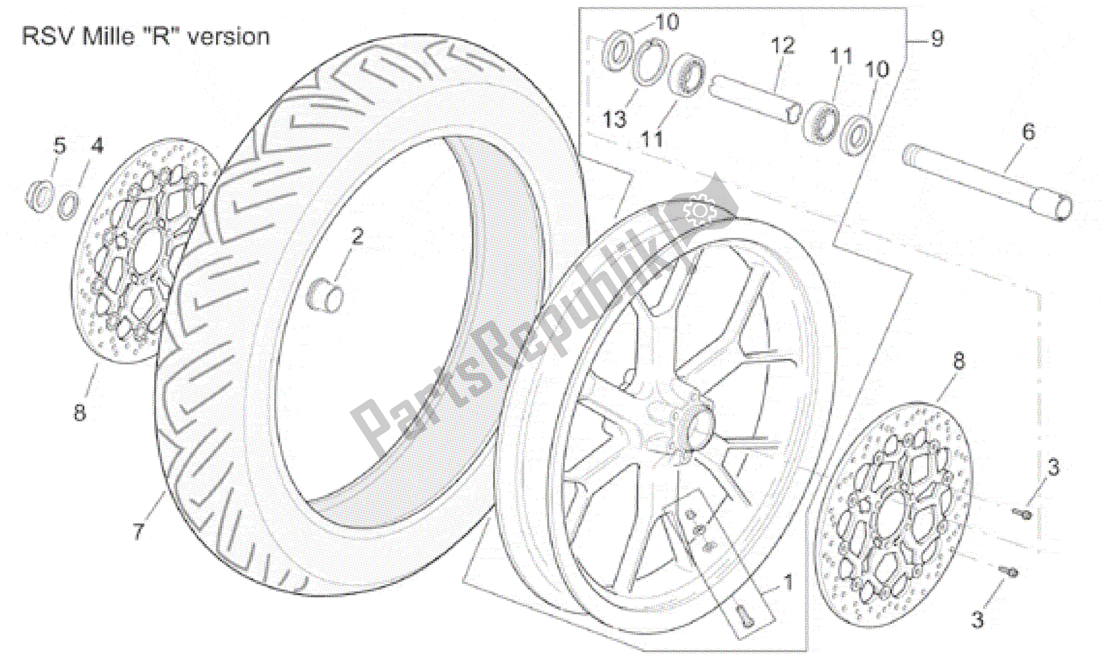 All parts for the Front Wheel Rsv Mille R Version of the Aprilia RSV Mille R 3901 1000 2001 - 2002