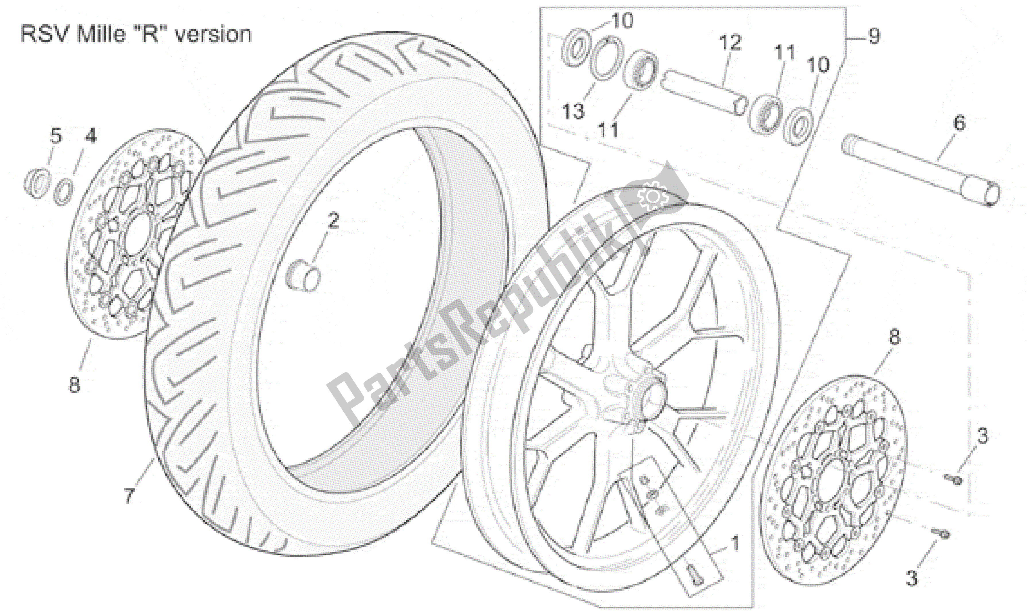 Alle onderdelen voor de Voorwiel Rsv Mille R Versie van de Aprilia RSV Mille R 3901 1000 2001 - 2002