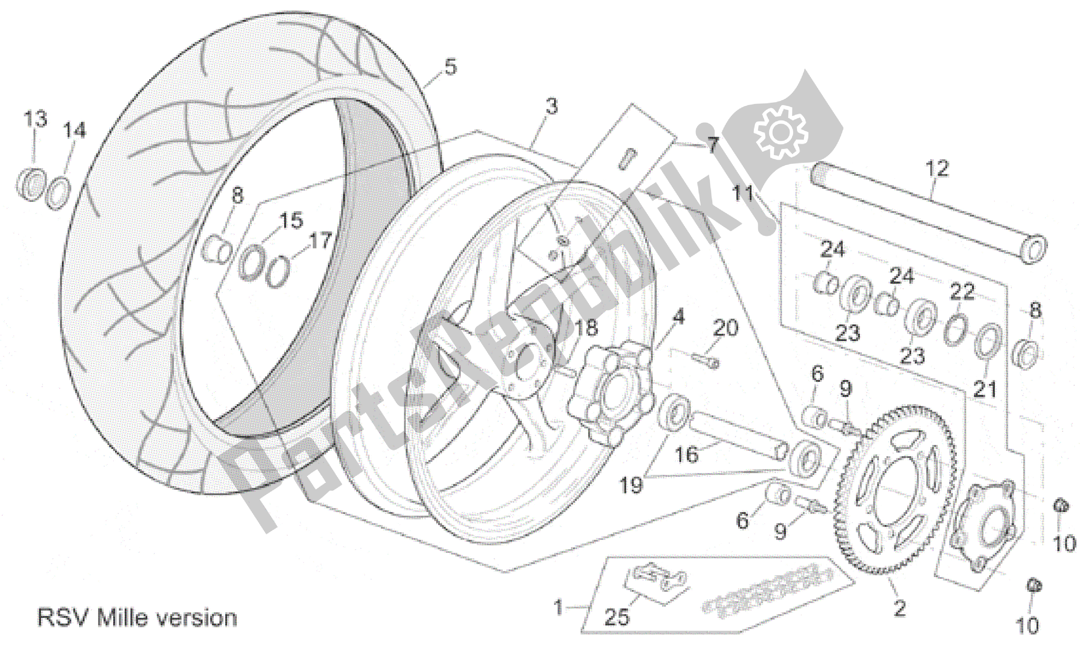 Alle onderdelen voor de Achterwiel Rsv Mille Versie van de Aprilia RSV Mille R 3901 1000 2001 - 2002