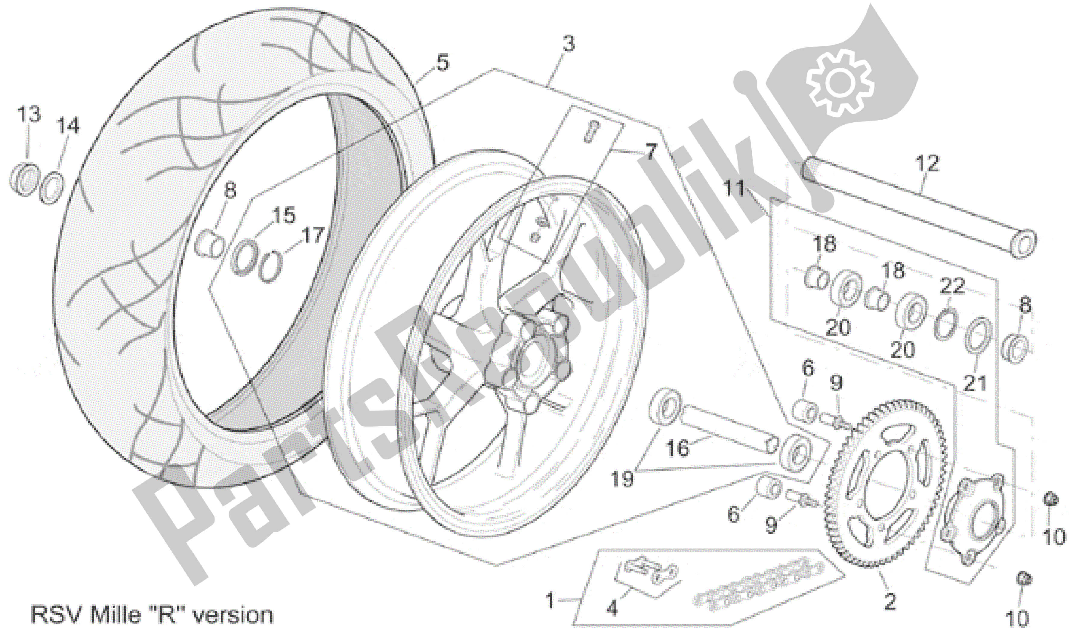 Tutte le parti per il Ruota Posteriore Rsv Versione Mille R del Aprilia RSV Mille R 3901 1000 2001 - 2002