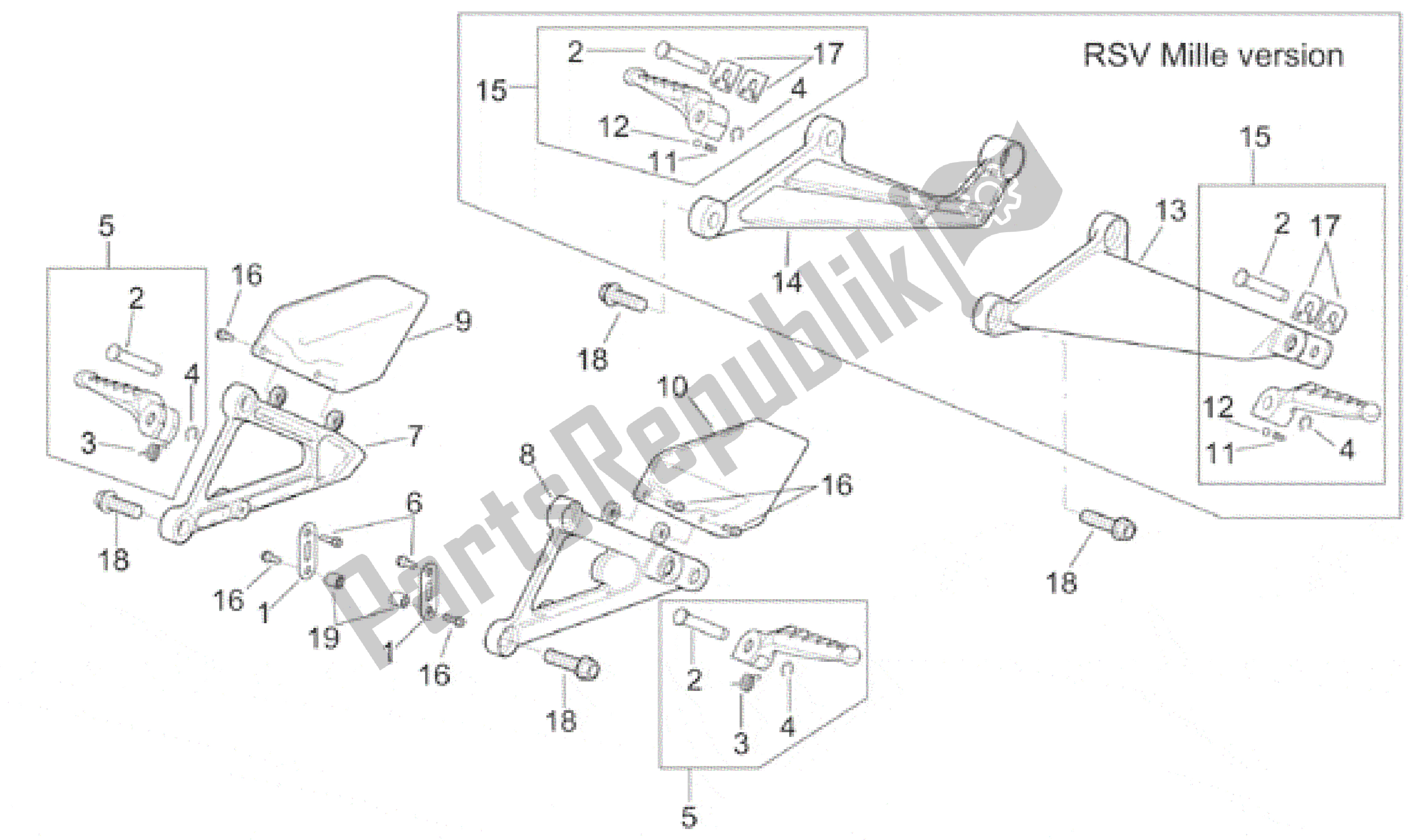 All parts for the Foot Rests of the Aprilia RSV Mille R 3901 1000 2001 - 2002