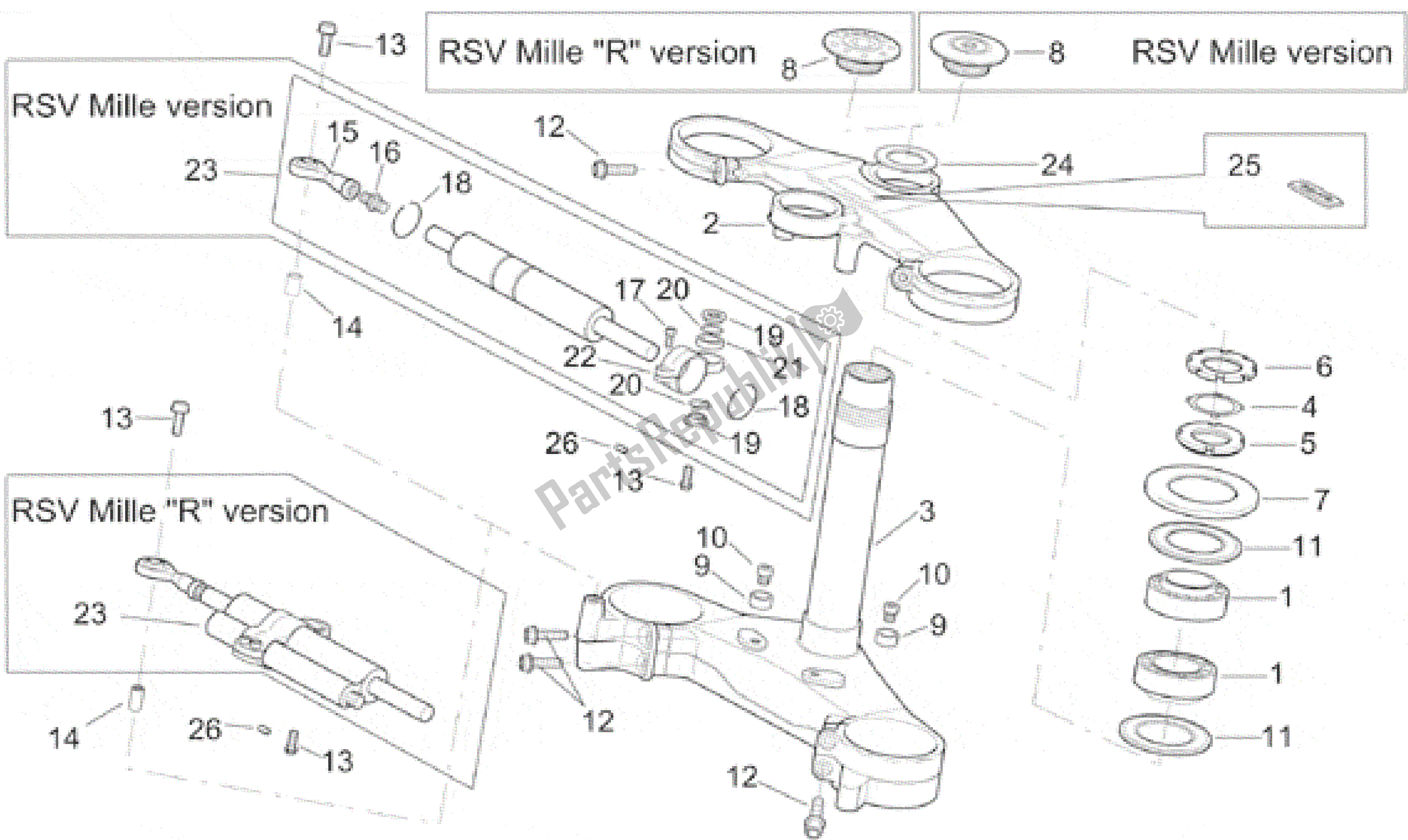 Alle onderdelen voor de Sturen van de Aprilia RSV Mille R 3901 1000 2001 - 2002
