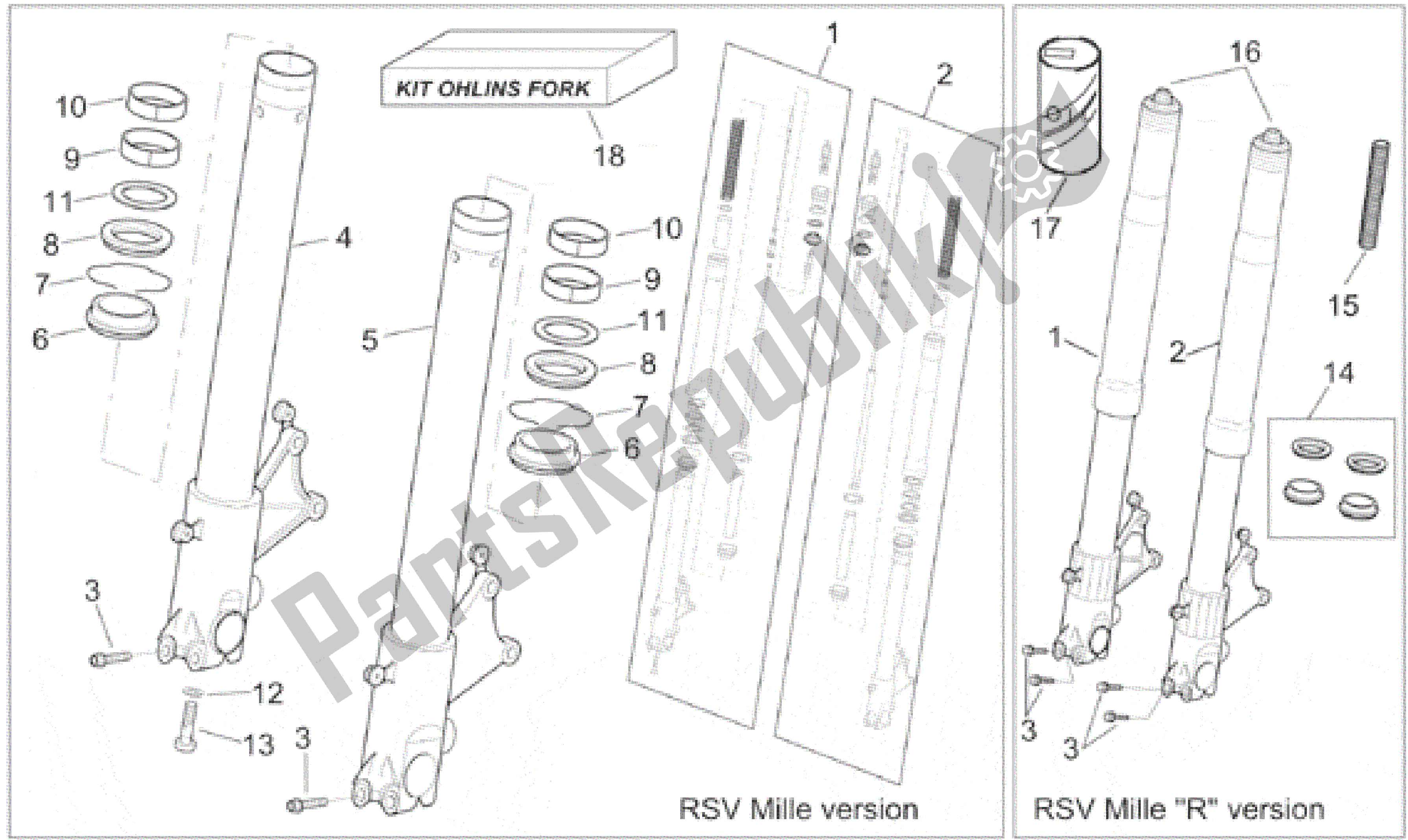 Alle onderdelen voor de Voorvork Ii van de Aprilia RSV Mille R 3901 1000 2001 - 2002