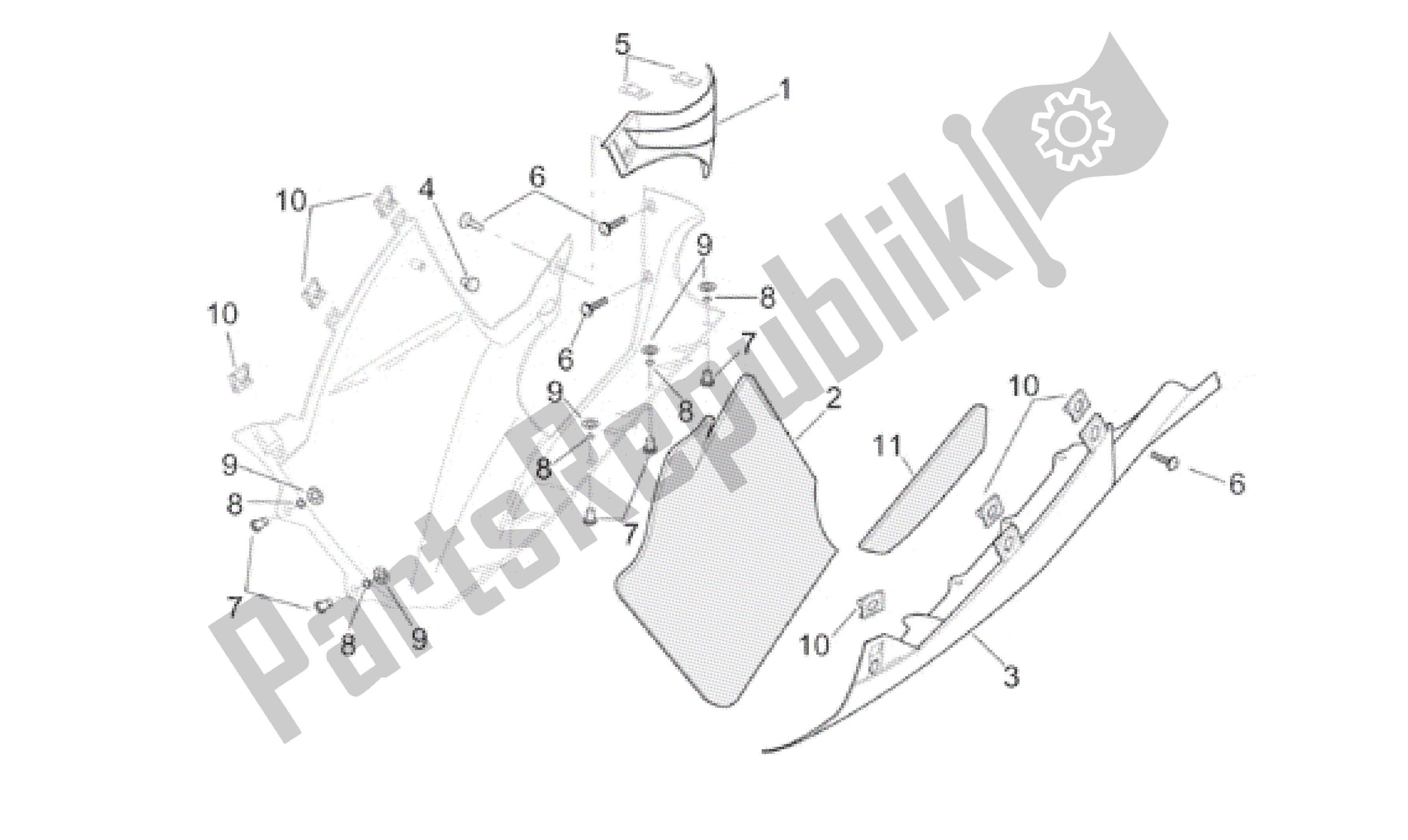 All parts for the Central Body - Lh Fairings of the Aprilia RSV Mille 3901 1000 2001 - 2002