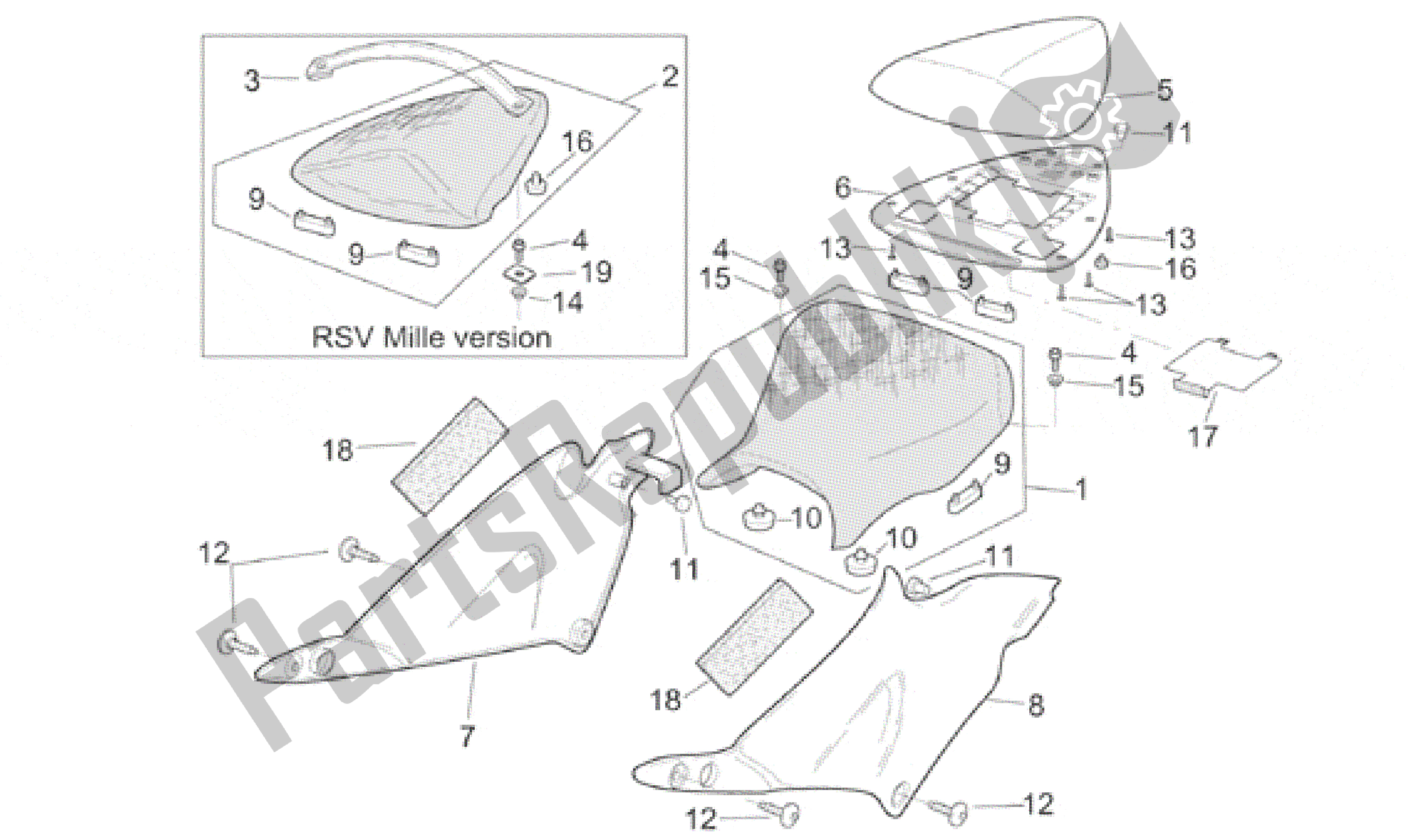 Alle onderdelen voor de Zadel van de Aprilia RSV Mille 3901 1000 2001 - 2002