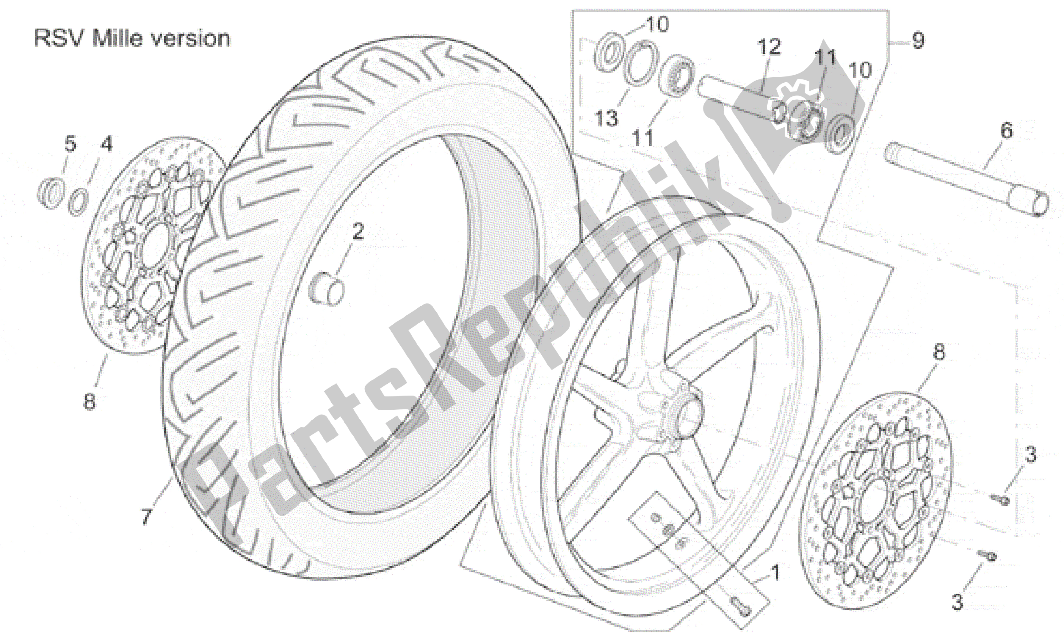 Alle onderdelen voor de Voorwiel Rsv Mille Versie van de Aprilia RSV Mille 3901 1000 2001 - 2002