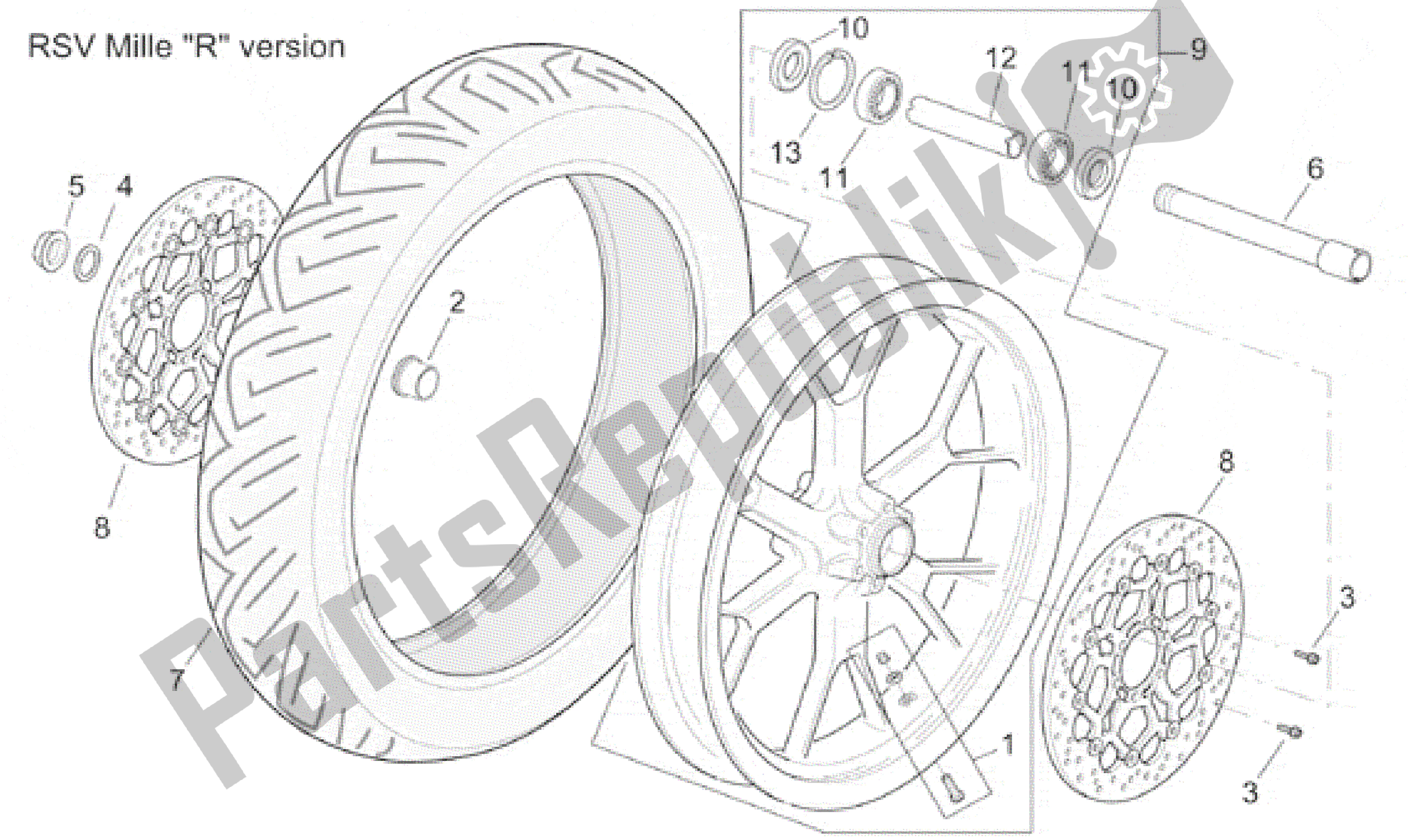 Alle onderdelen voor de Voorwiel Rsv Mille R Versie van de Aprilia RSV Mille 3901 1000 2001 - 2002