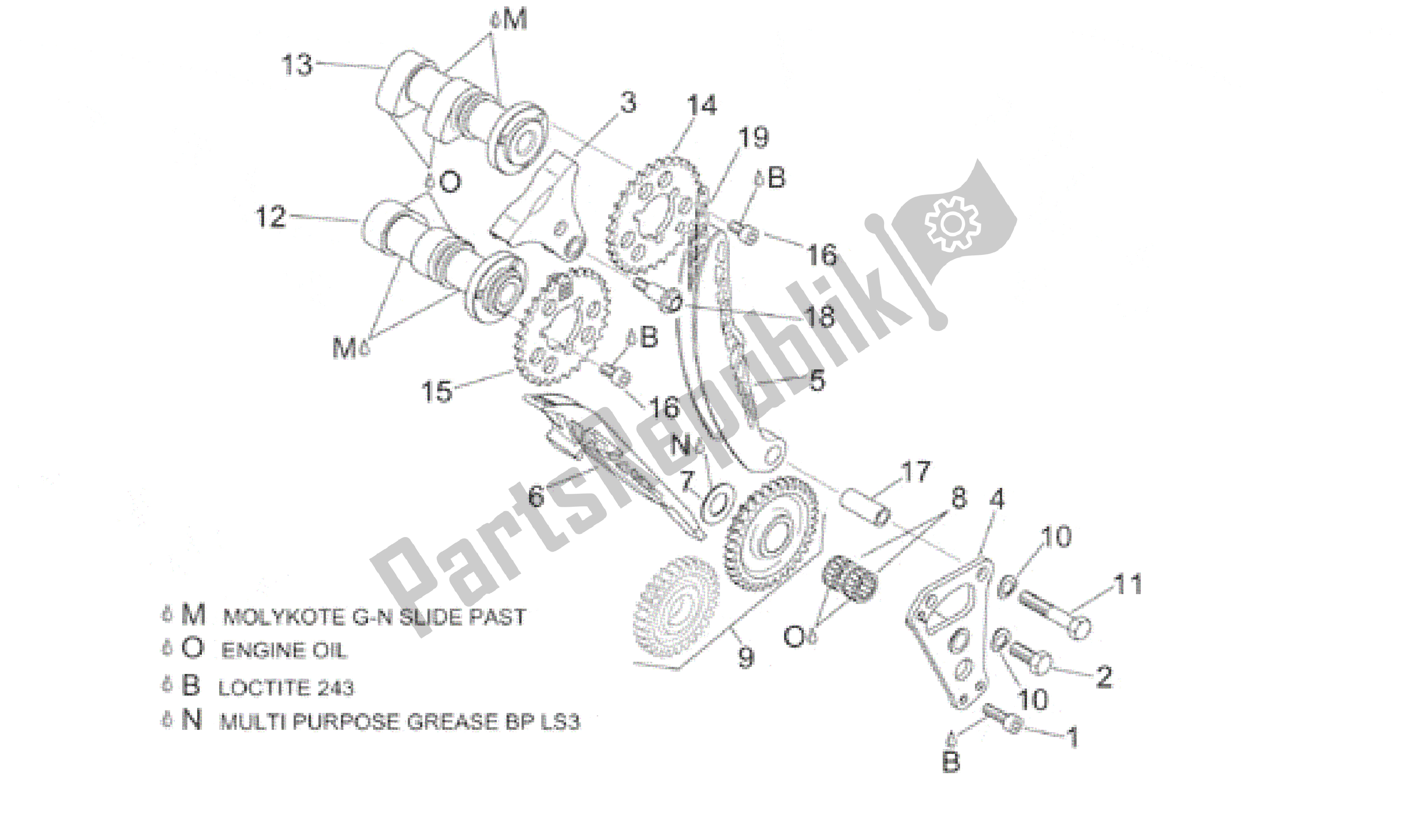 Alle onderdelen voor de Voorste Cilinder Timing Systeem van de Aprilia RSV Mille 3901 1000 2001 - 2002