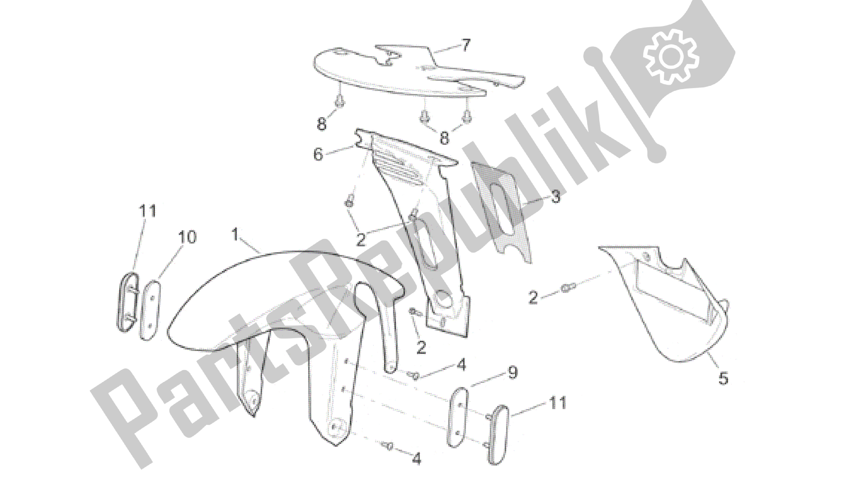 All parts for the Front Body - Front Mudguard of the Aprilia RSV Mille 390 W 1000 1998 - 1999