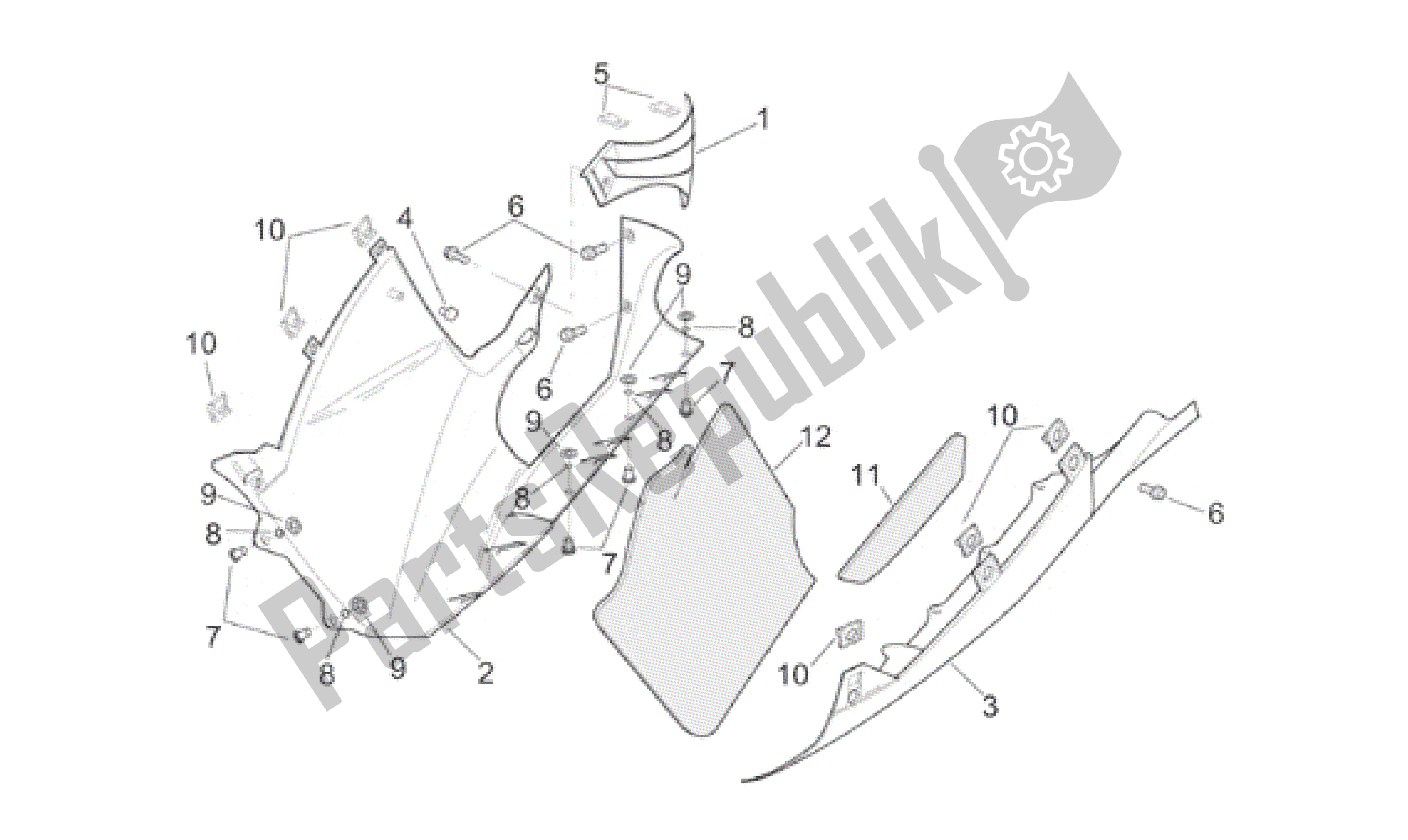 All parts for the Central Body - Lower Fairings of the Aprilia RSV Mille 390 W 1000 1998 - 1999