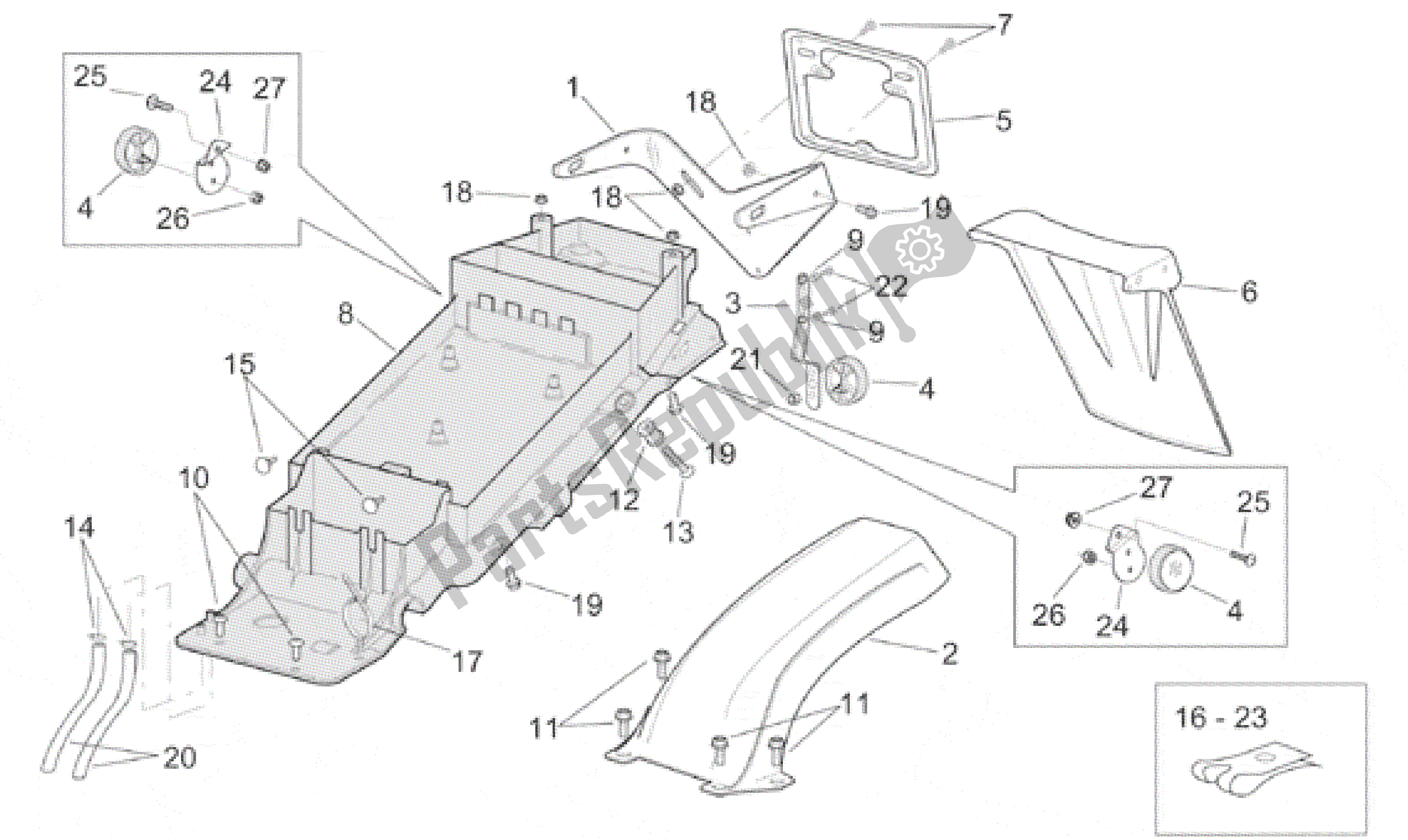 Alle onderdelen voor de Achterlichaam - Onderzadel van de Aprilia RSV Mille 390 W 1000 1998 - 1999