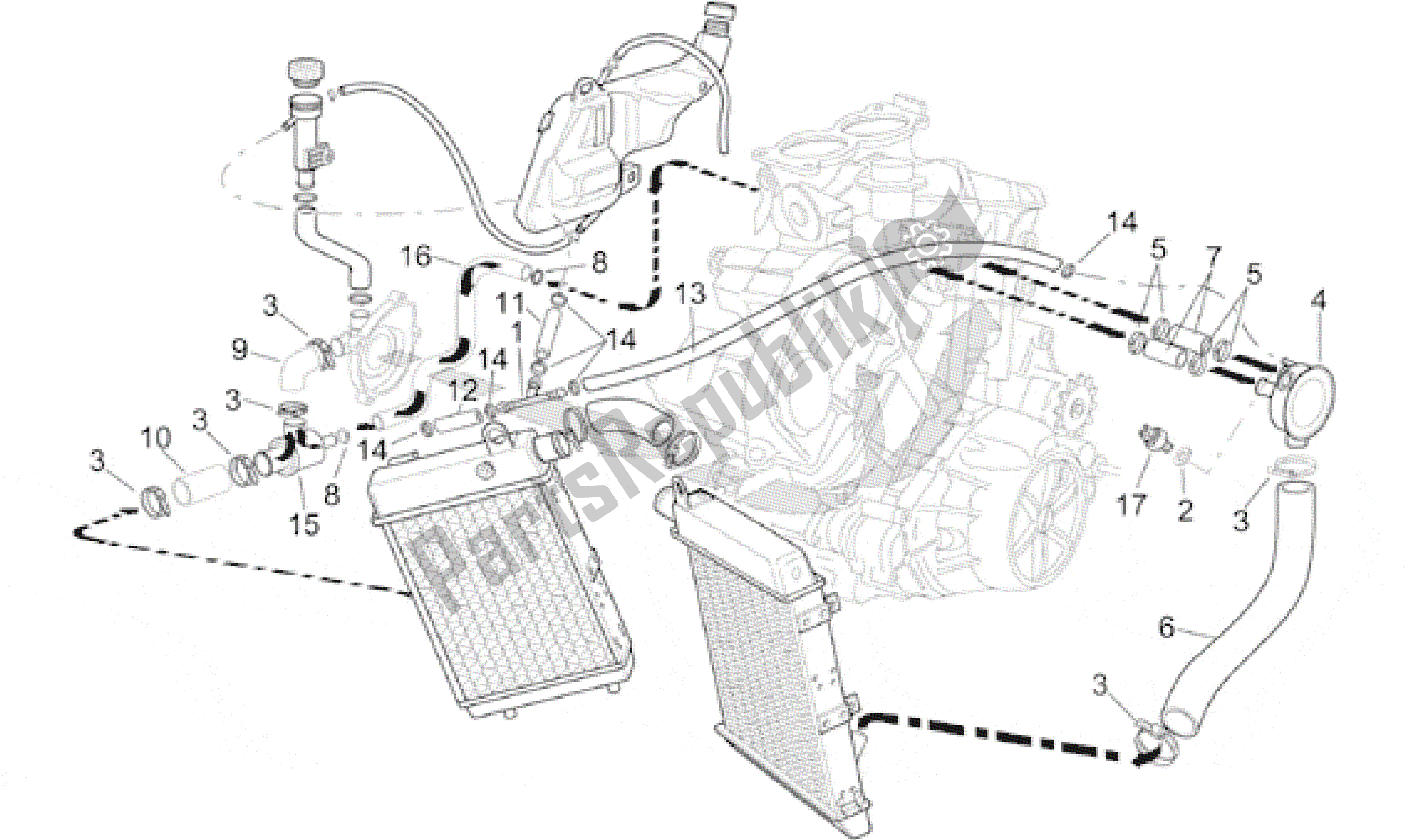 All parts for the Cooling System of the Aprilia RSV Mille 390 W 1000 1998 - 1999