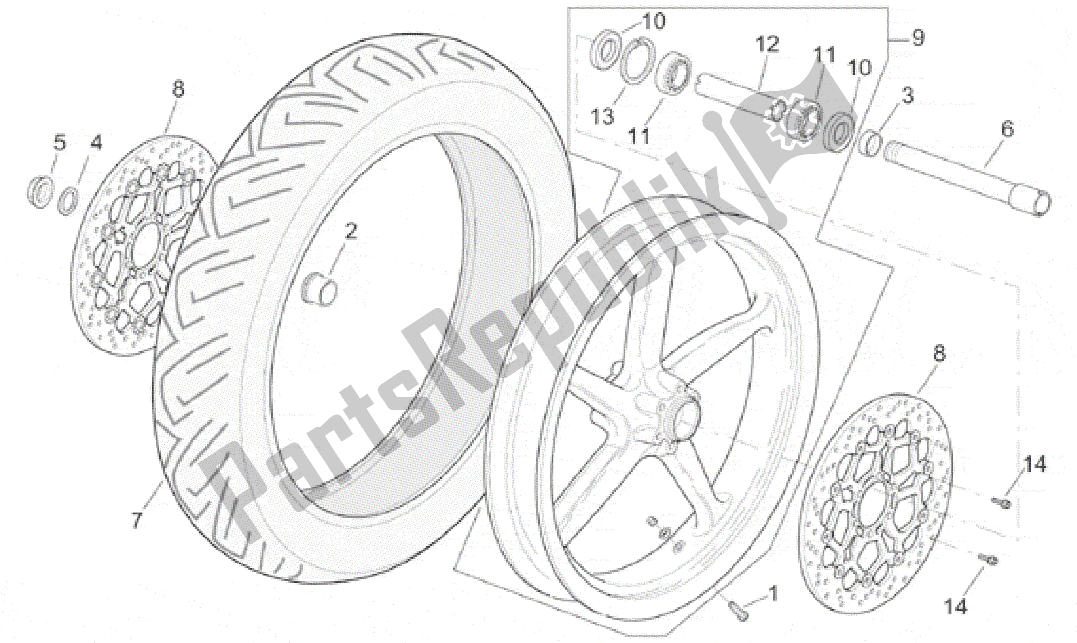 All parts for the Front Wheel of the Aprilia RSV Mille 390 W 1000 1998 - 1999