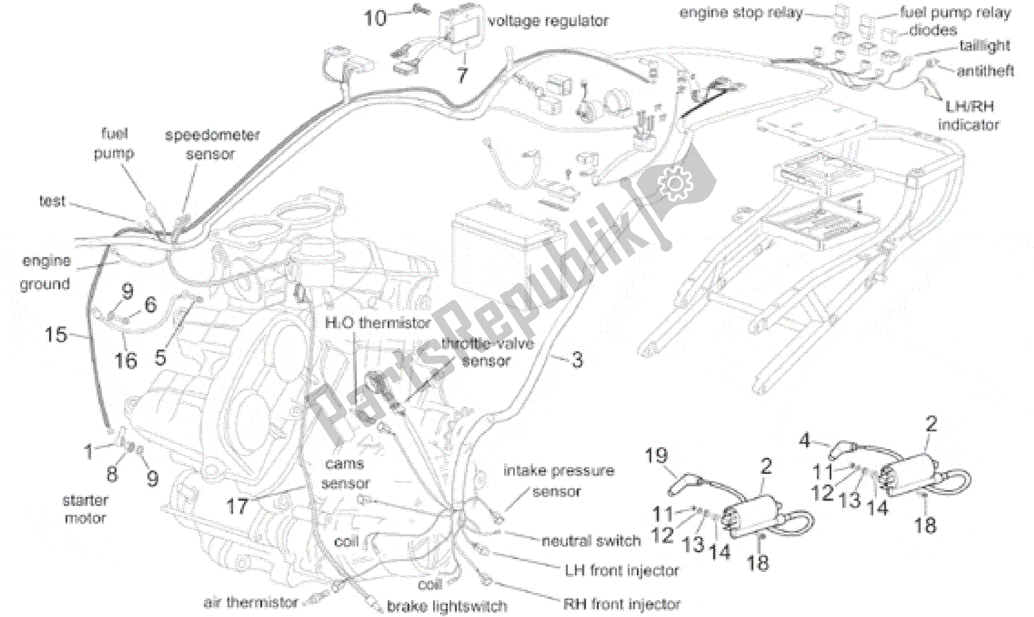 Tutte le parti per il Impianto Elettrico Centrale del Aprilia RSV Mille 390 W 1000 1998 - 1999