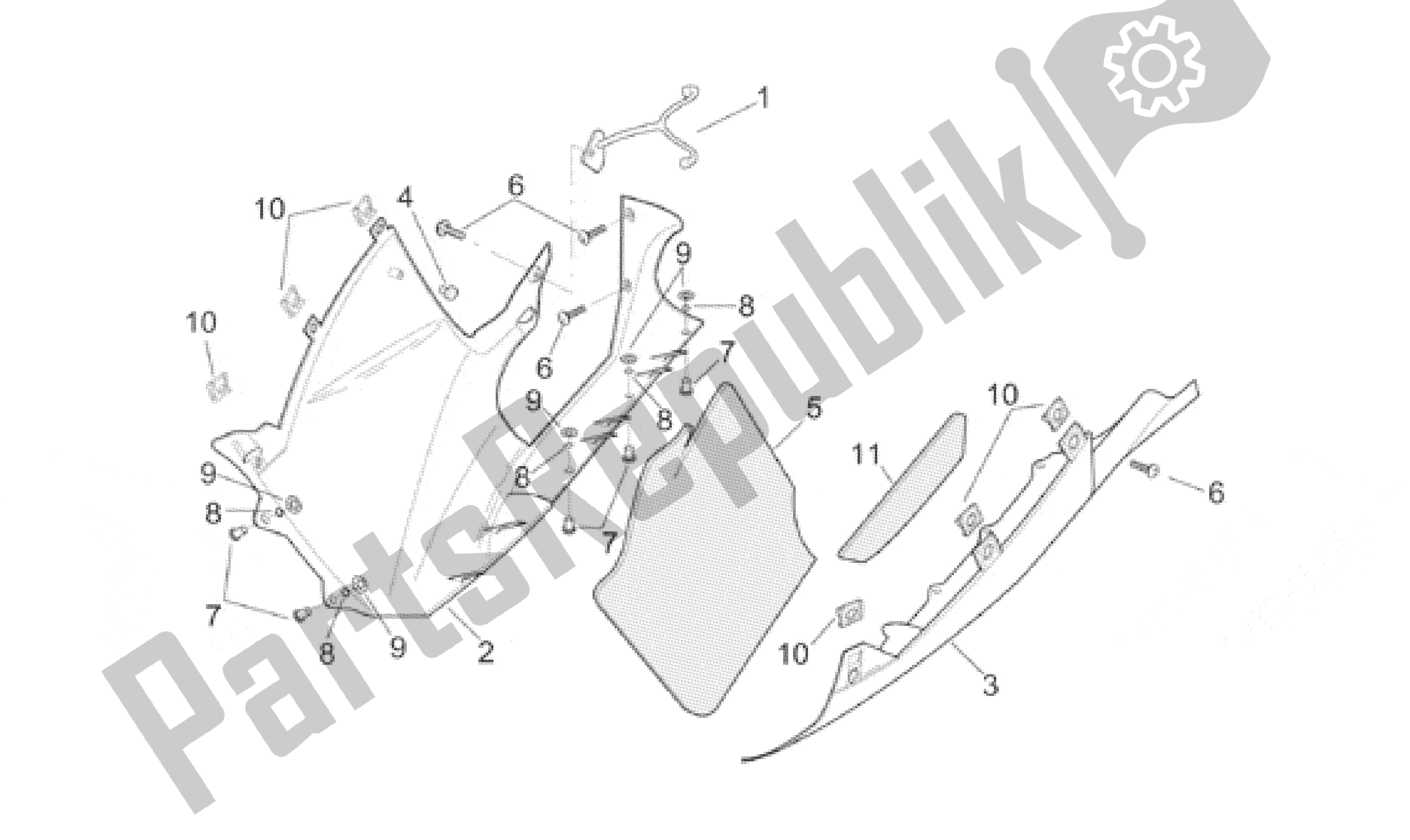 All parts for the Central Body - Lower Fairings of the Aprilia RSV Mille SP 391 X 1000 1999 - 2000