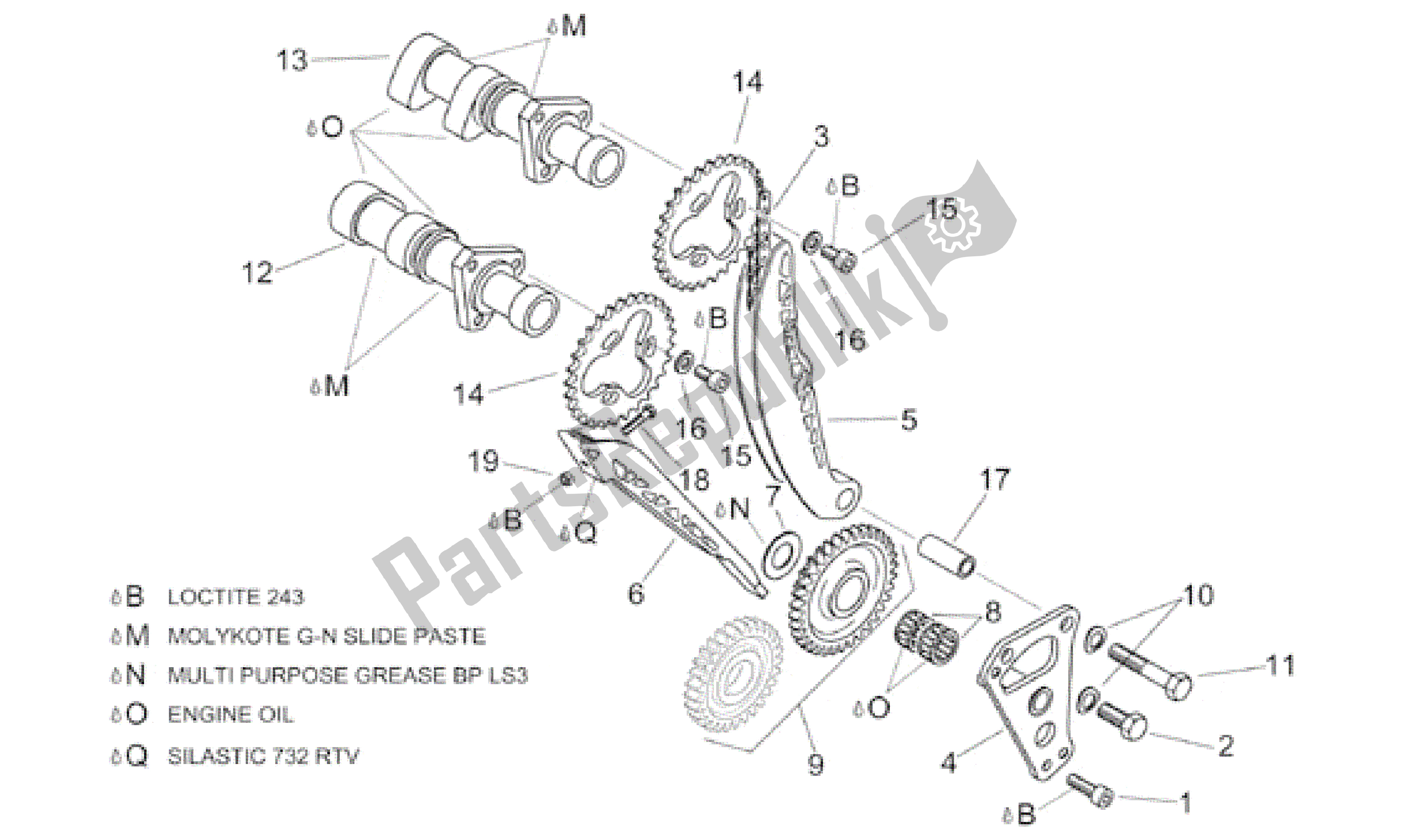 Alle onderdelen voor de Voorste Cilinder Timing Systeem van de Aprilia RSV Mille SP 391 X 1000 1999 - 2000