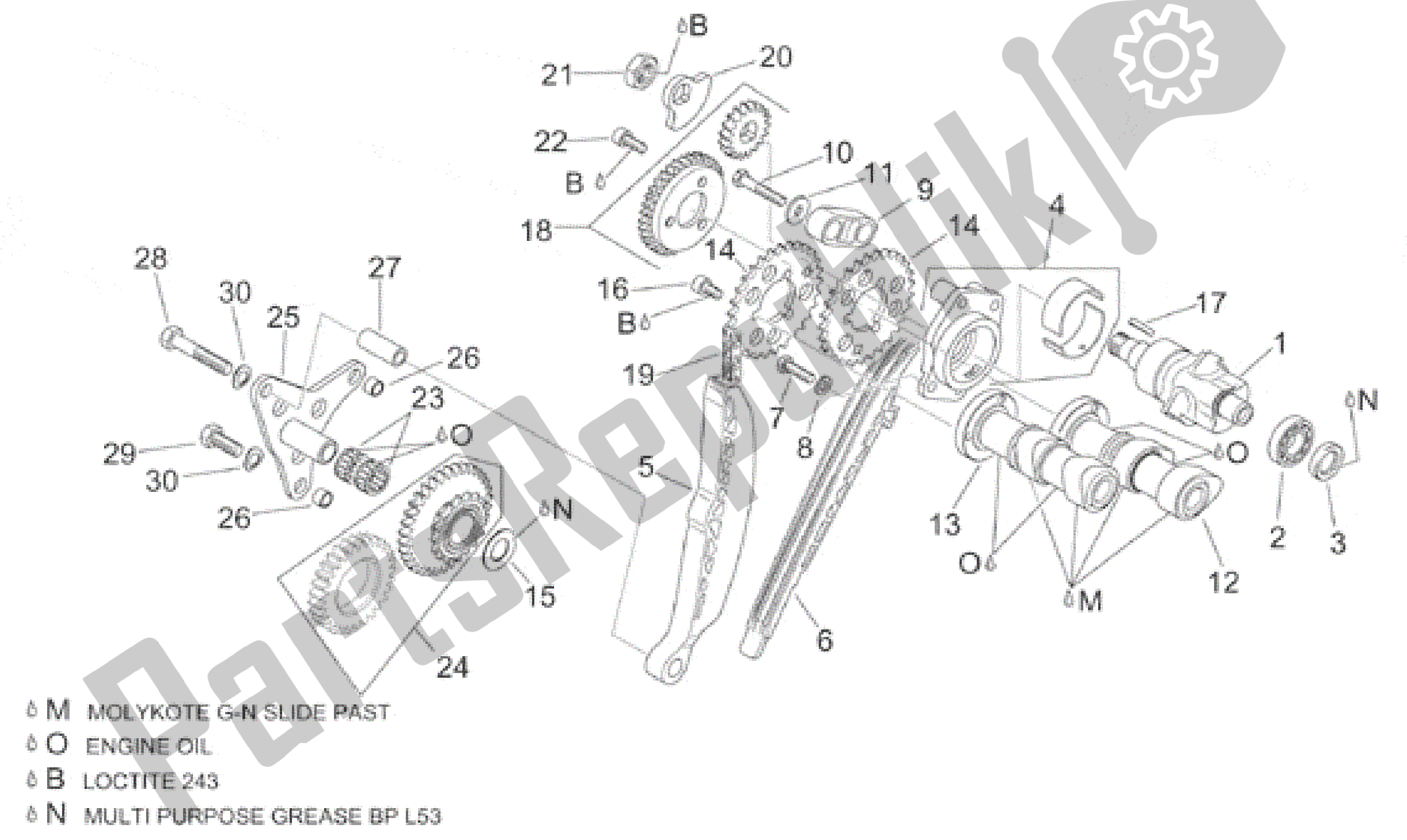 Alle onderdelen voor de Achterste Cilinder Timing Systeem van de Aprilia SL Falco 1000 2000 - 2002