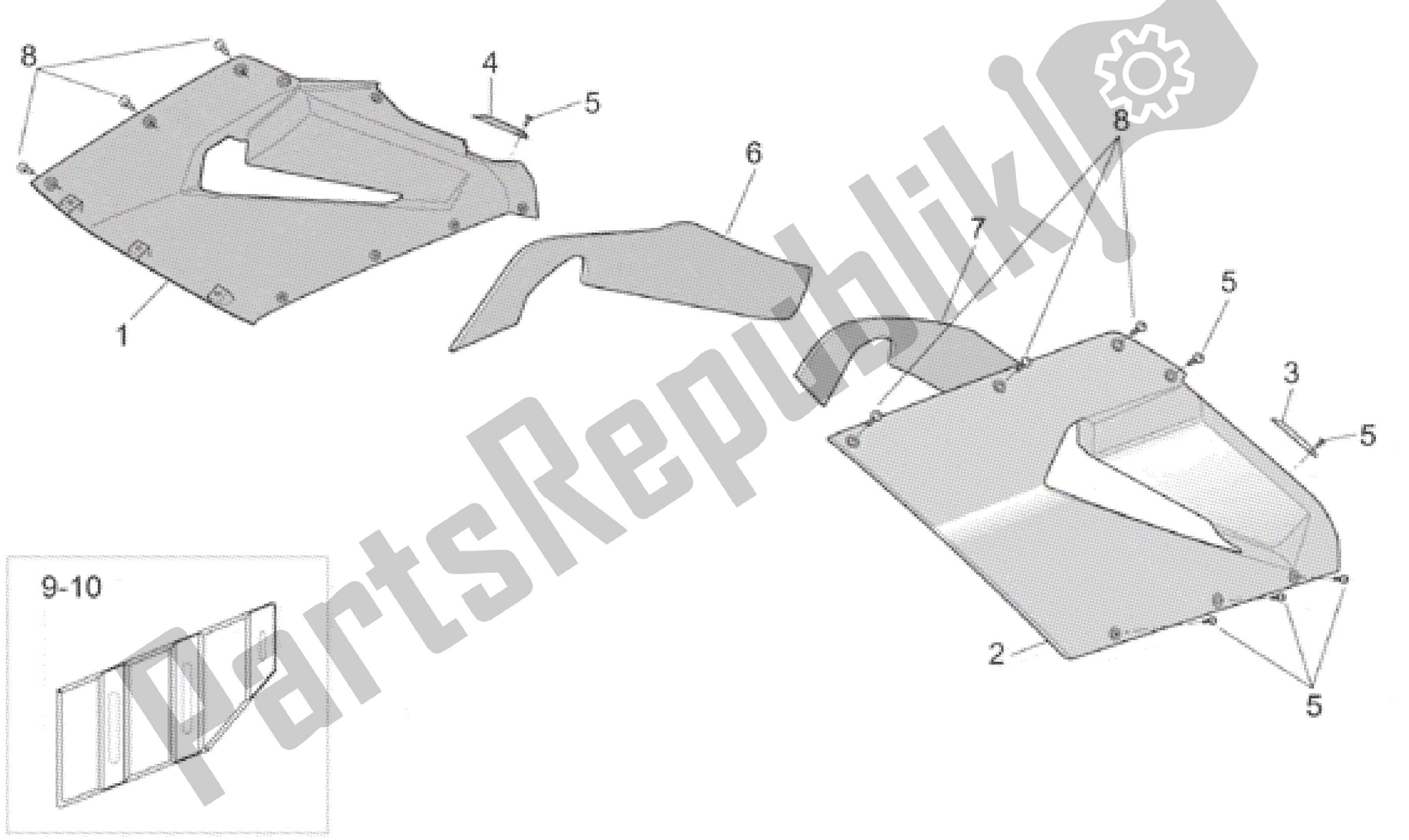 All parts for the Central Body - Upper Fairings of the Aprilia RST 1000 2001