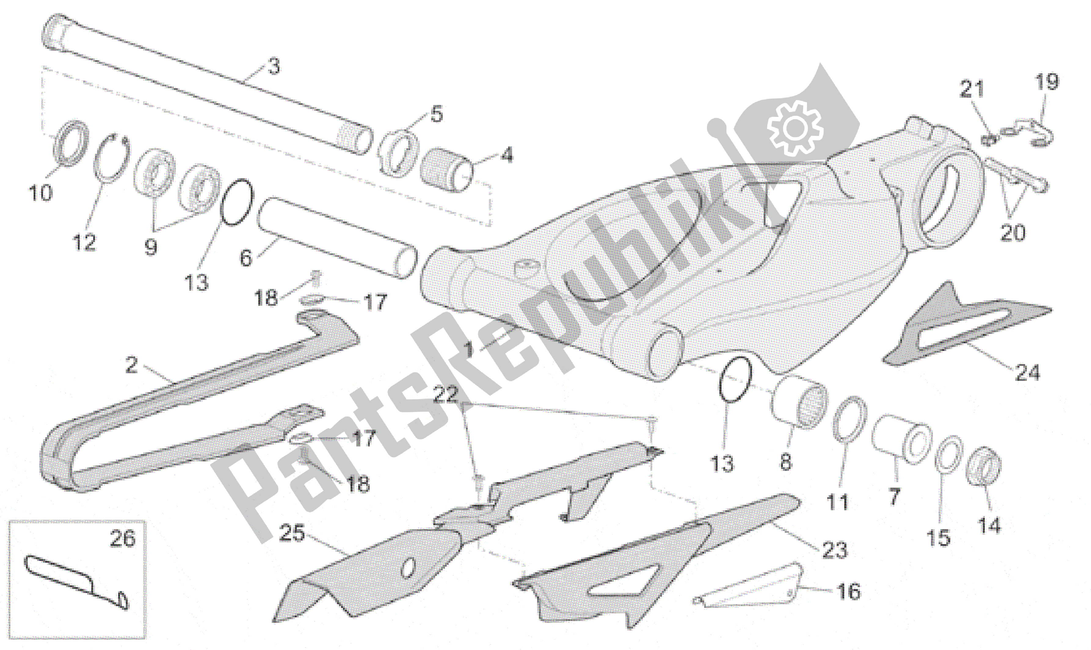 All parts for the Swing Arm of the Aprilia RST 1000 2001