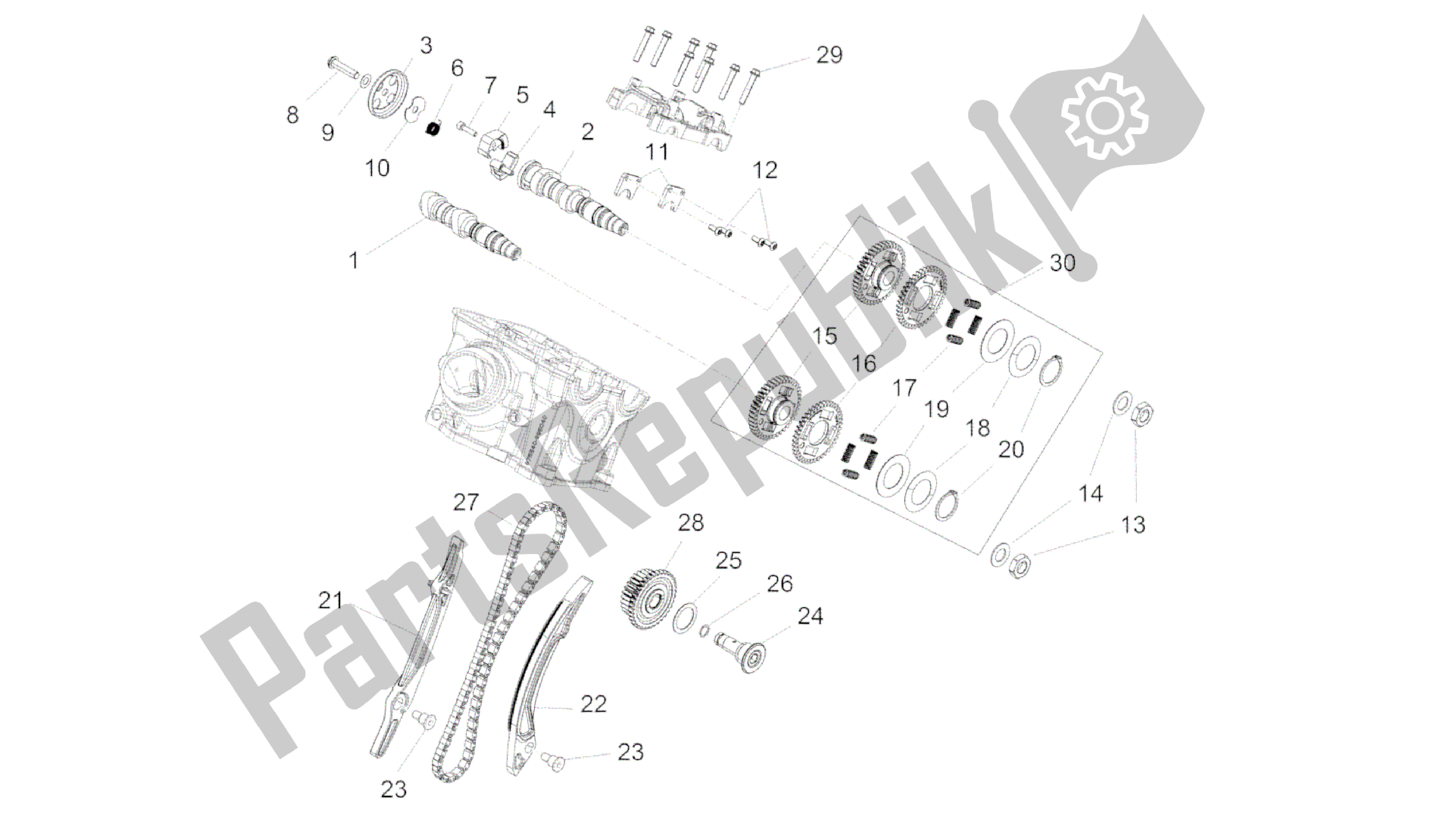Alle onderdelen voor de Achterste Cilinder Timing Systeem van de Aprilia Caponord 1200 2013 - 2015