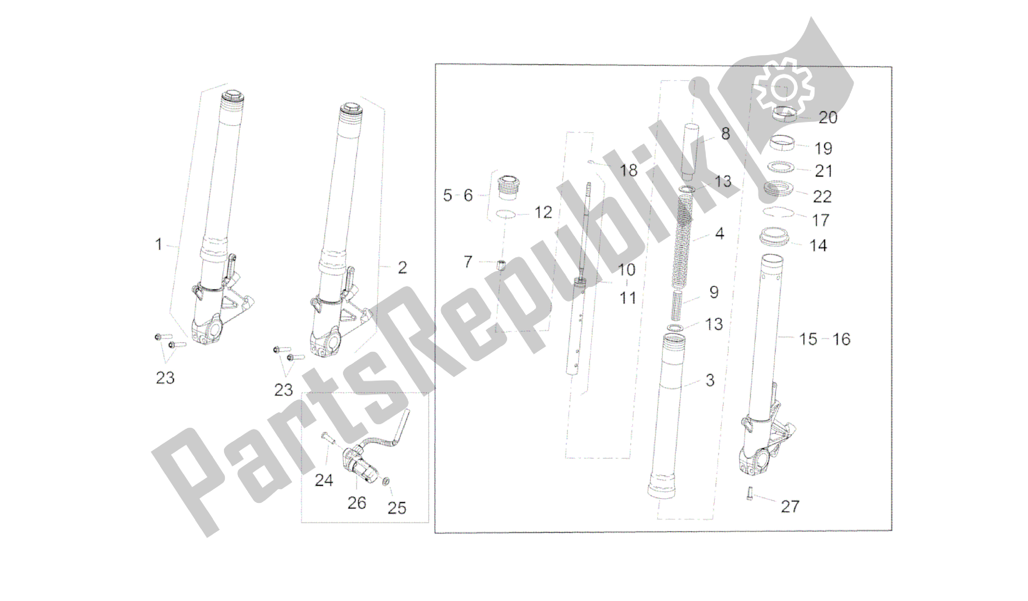 Alle onderdelen voor de Voorvork van de Aprilia Caponord 1200 2013 - 2015