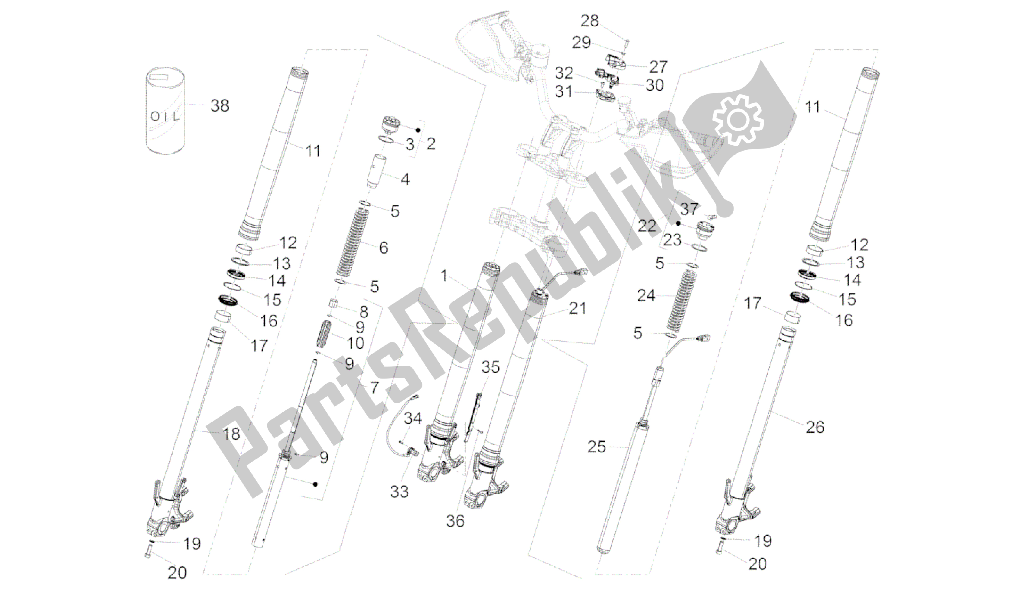 All parts for the Front Fork of the Aprilia Caponord 1200 2013 - 2015