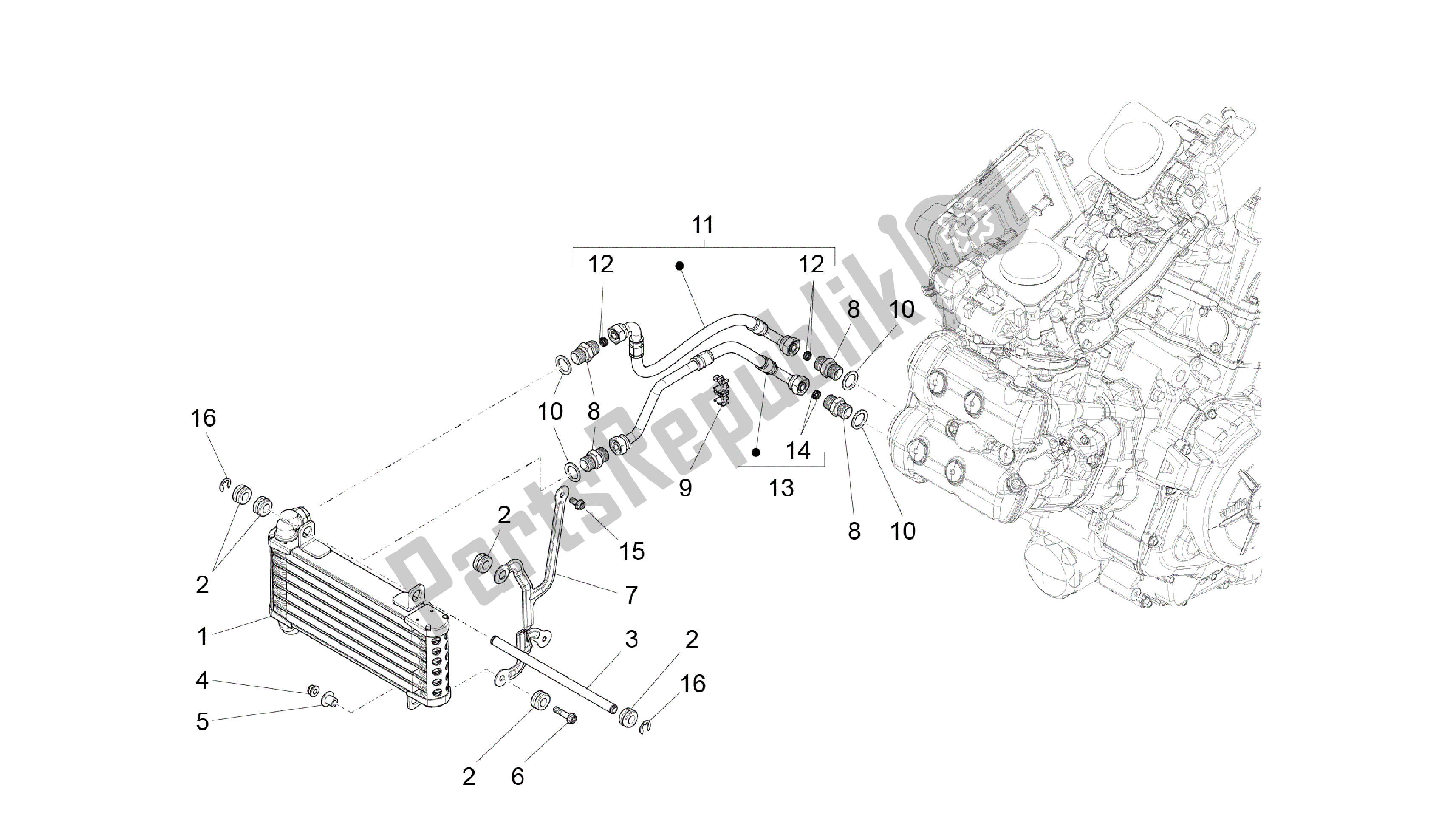 All parts for the Oil Radiator of the Aprilia Caponord 1200 2013 - 2015