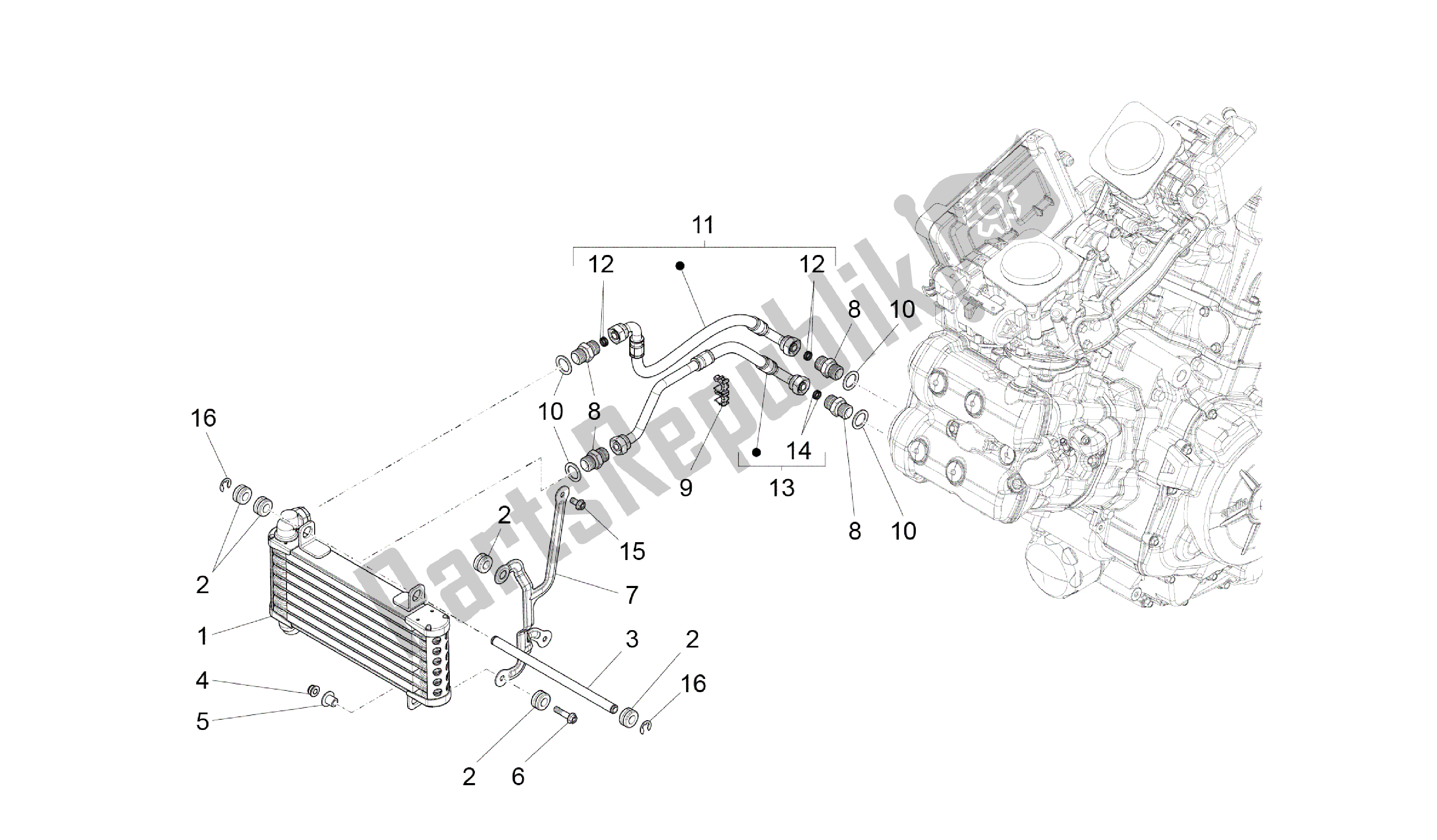 Alle onderdelen voor de Olie Radiator van de Aprilia Caponord 1200 2013 - 2015