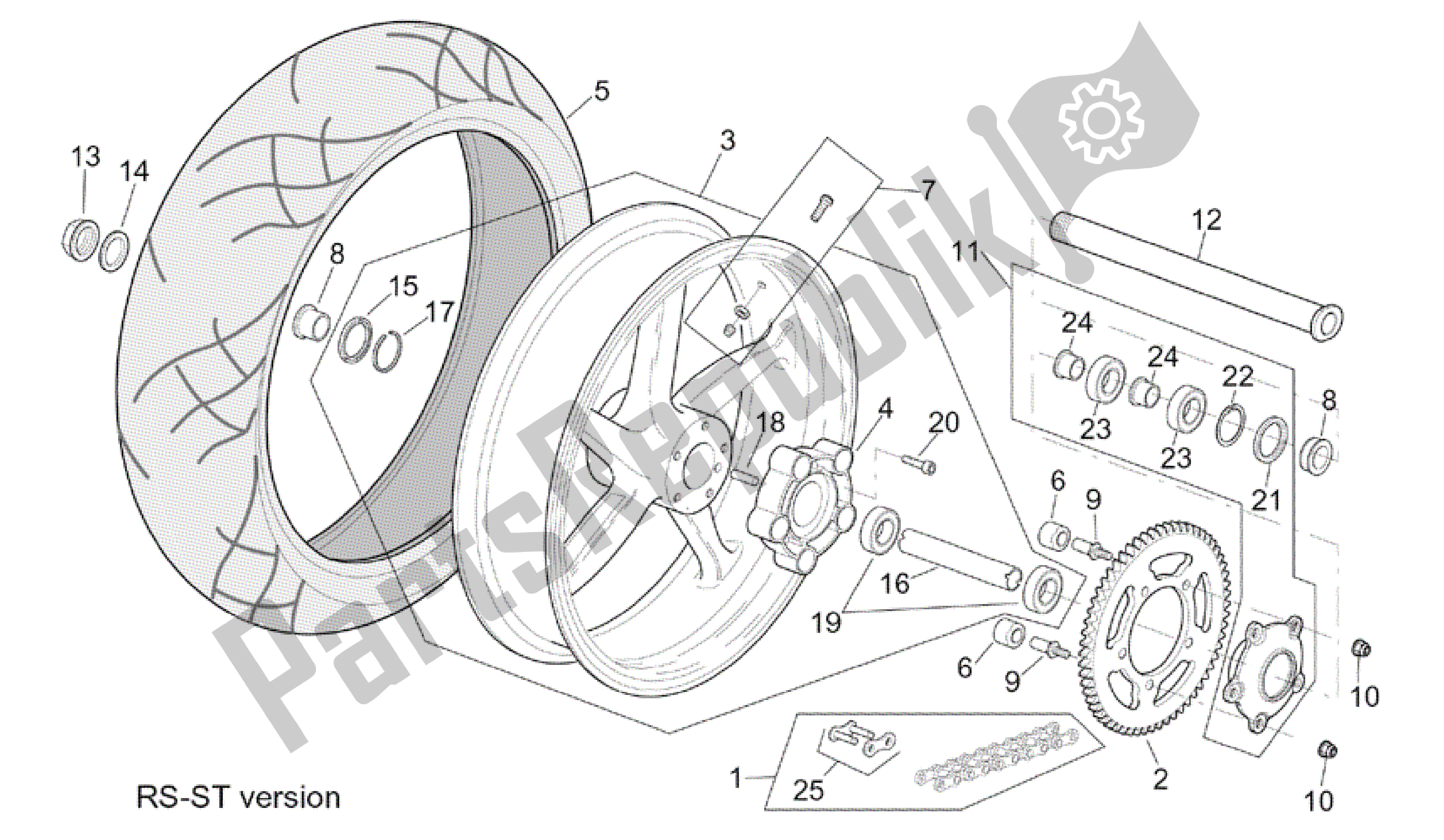 Alle onderdelen voor de St-rs-achterwiel van de Aprilia RSV Tuono R 3952 1000 2002 - 2003