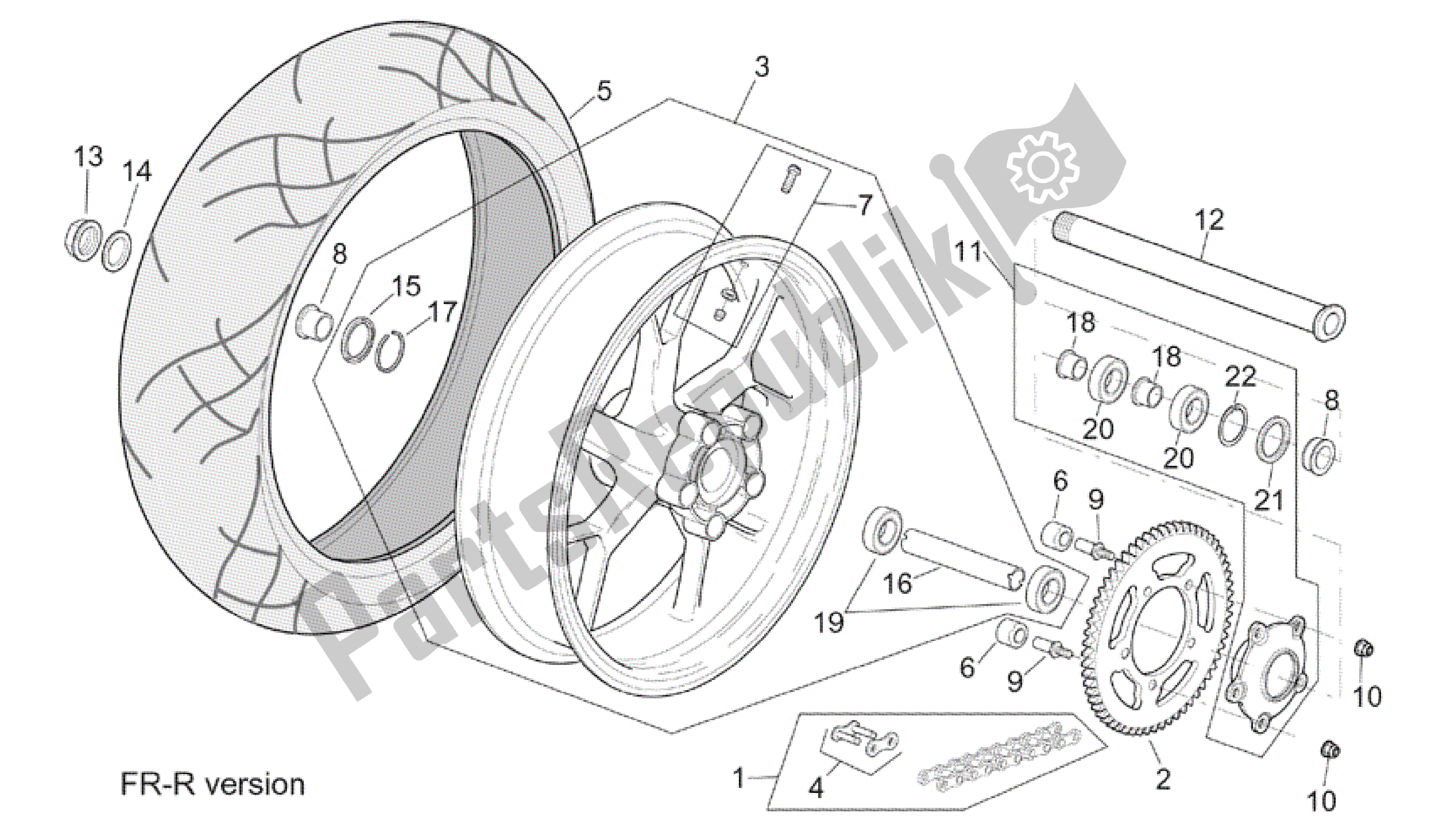 All parts for the R-rf Version Rear Wheel of the Aprilia RSV Tuono R 3952 1000 2002 - 2003
