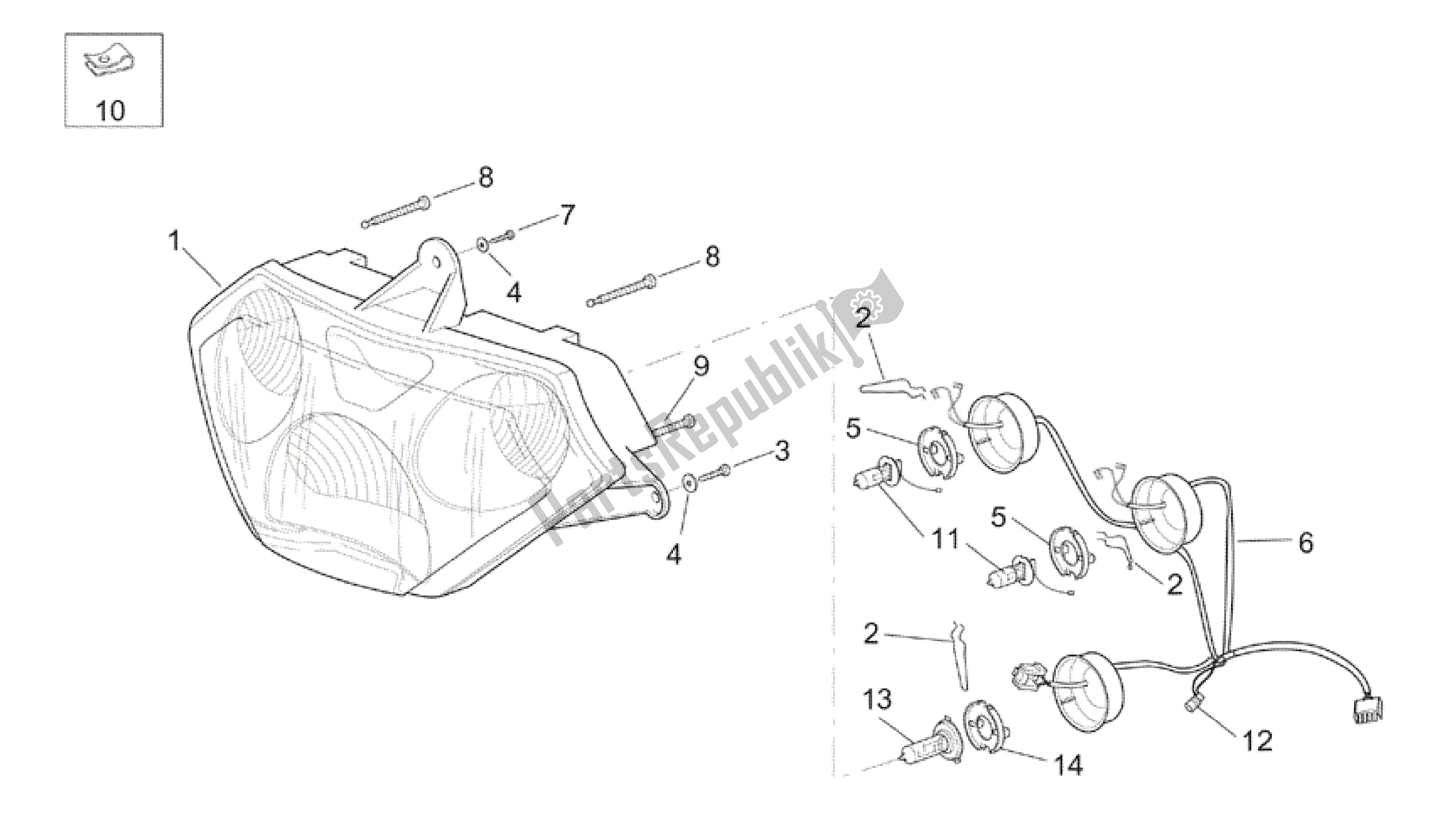 Alle onderdelen voor de Koplamp van de Aprilia RSV Tuono R 3952 1000 2002 - 2003