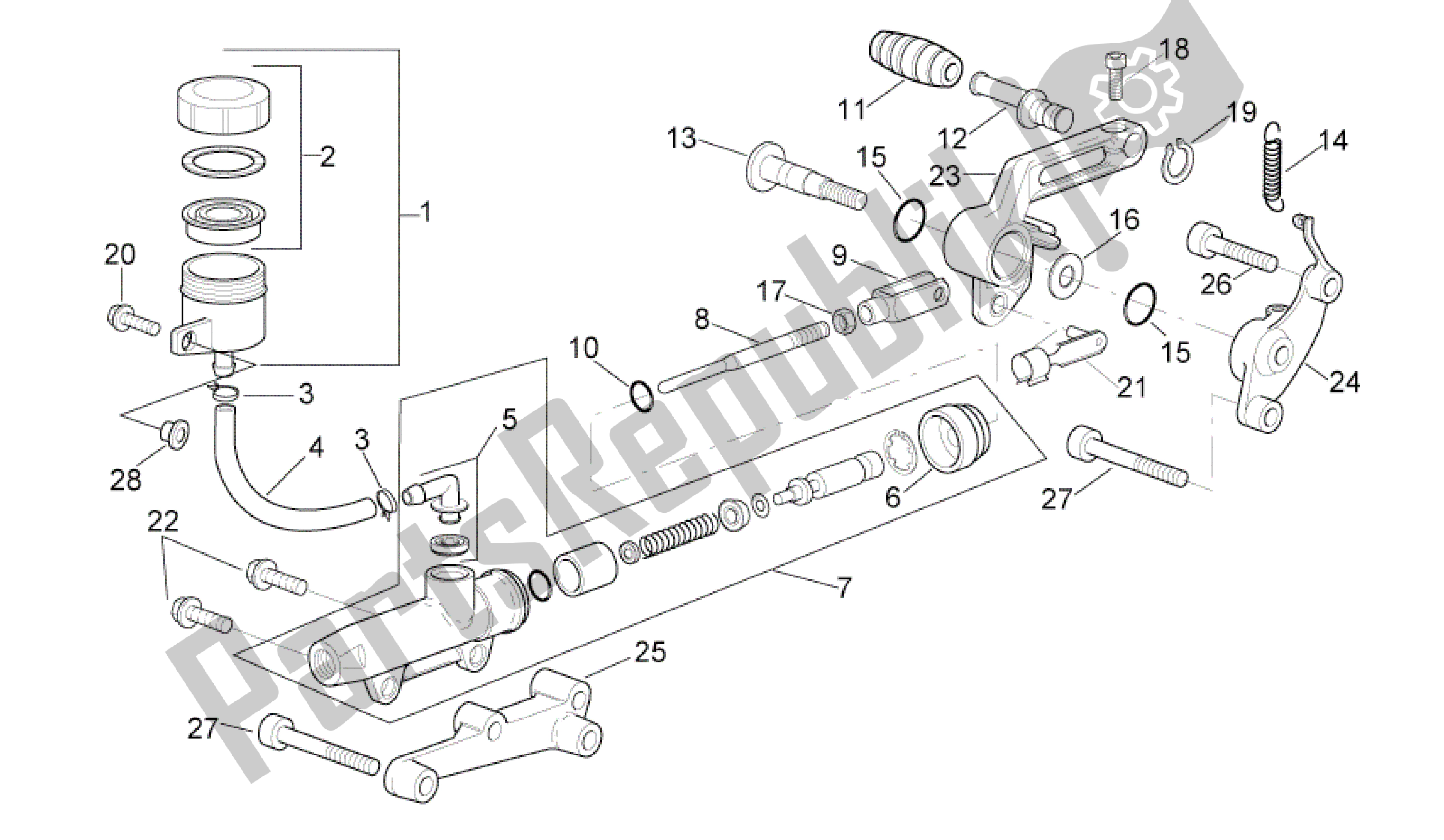 Alle onderdelen voor de Achterste Hoofdcilinder van de Aprilia RSV Tuono R Factory 1000 2004 - 2005