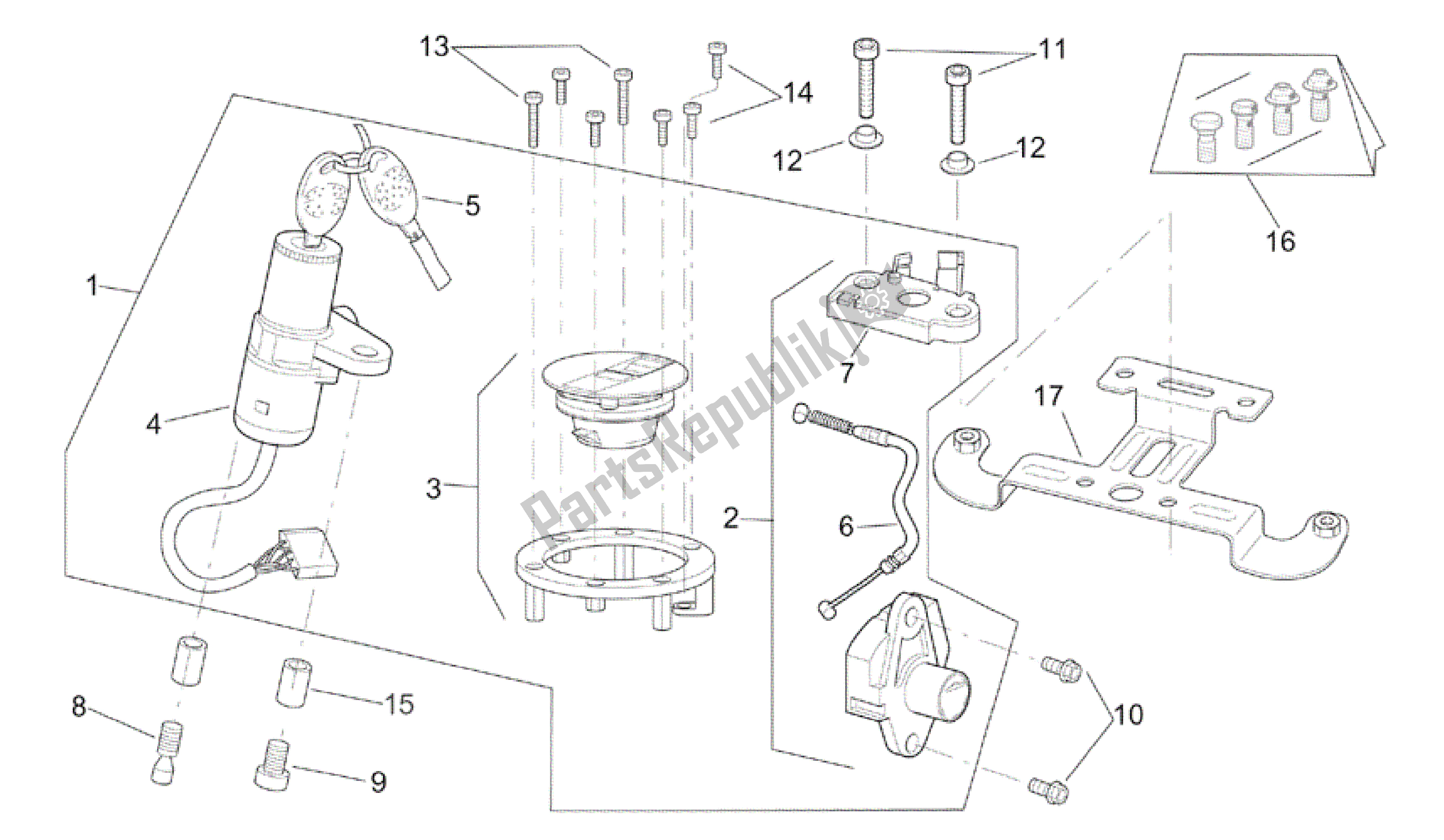 All parts for the Lock Hardware Kit of the Aprilia RSV Tuono R Factory 1000 2004 - 2005