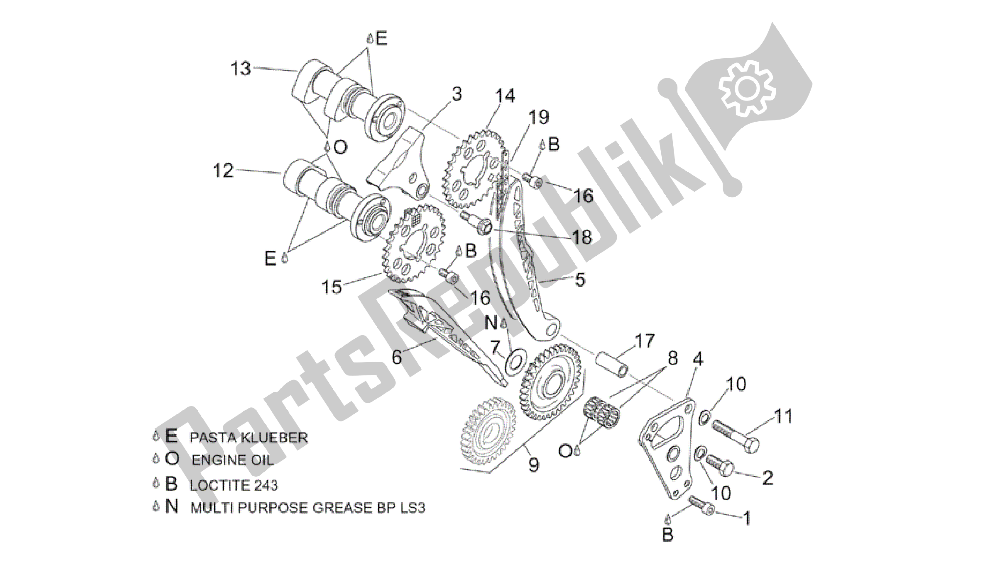 Alle onderdelen voor de Voorste Cilinder Timing Systeem van de Aprilia RSV Tuono R Factory 1000 2004 - 2005