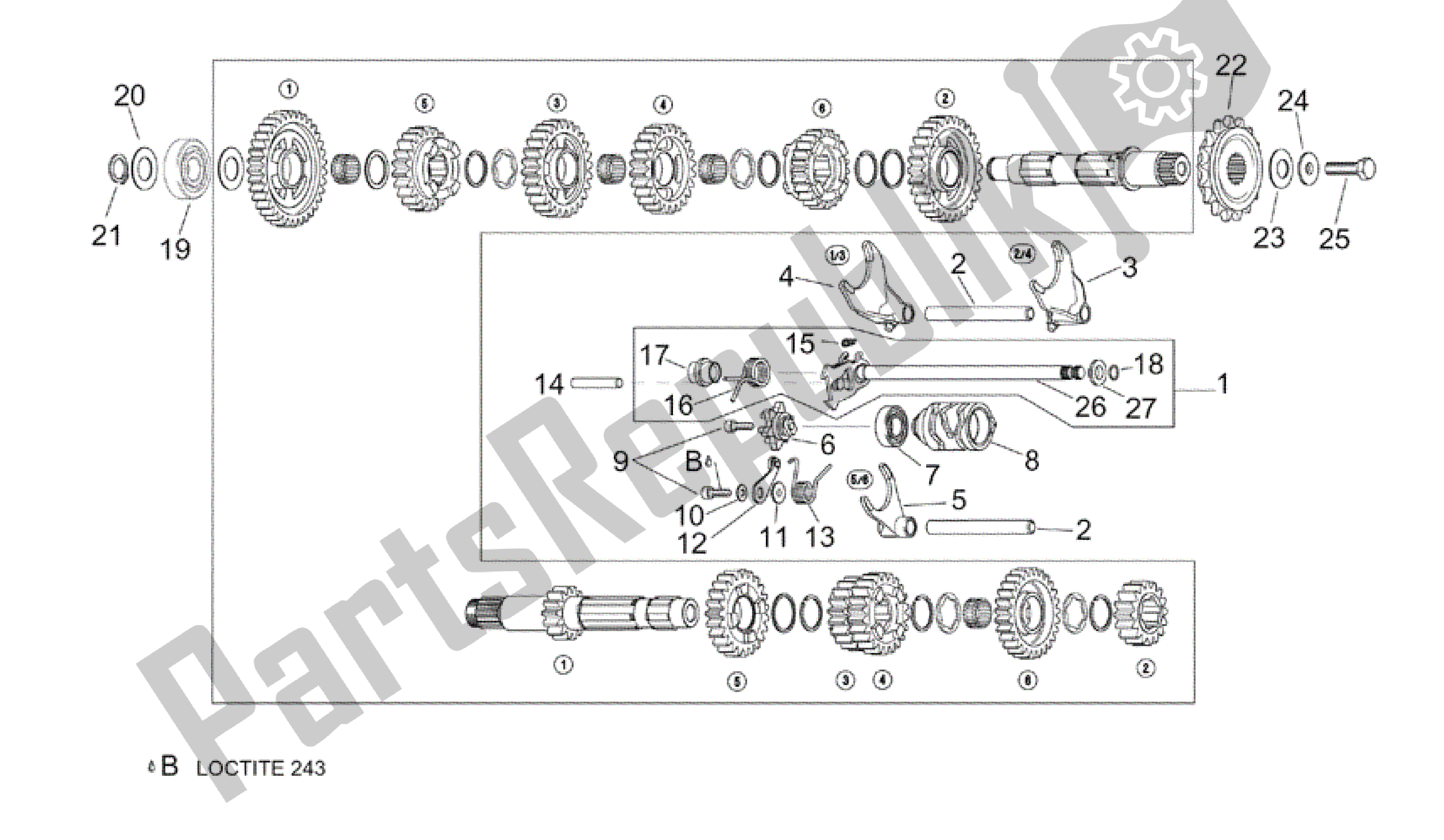 Alle onderdelen voor de Keuze Versnellingsbak van de Aprilia RSV Tuono R Factory 1000 2004 - 2005