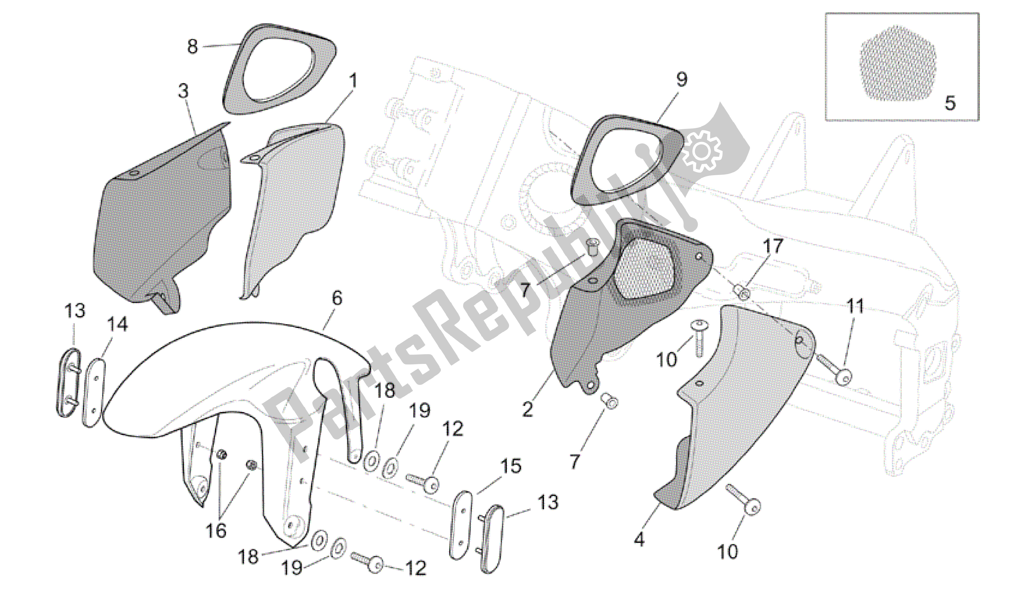 Todas as partes de Corpo Dianteiro - Guarda-lamas Dianteiro do Aprilia RSV Tuono R Factory 1000 2004 - 2005