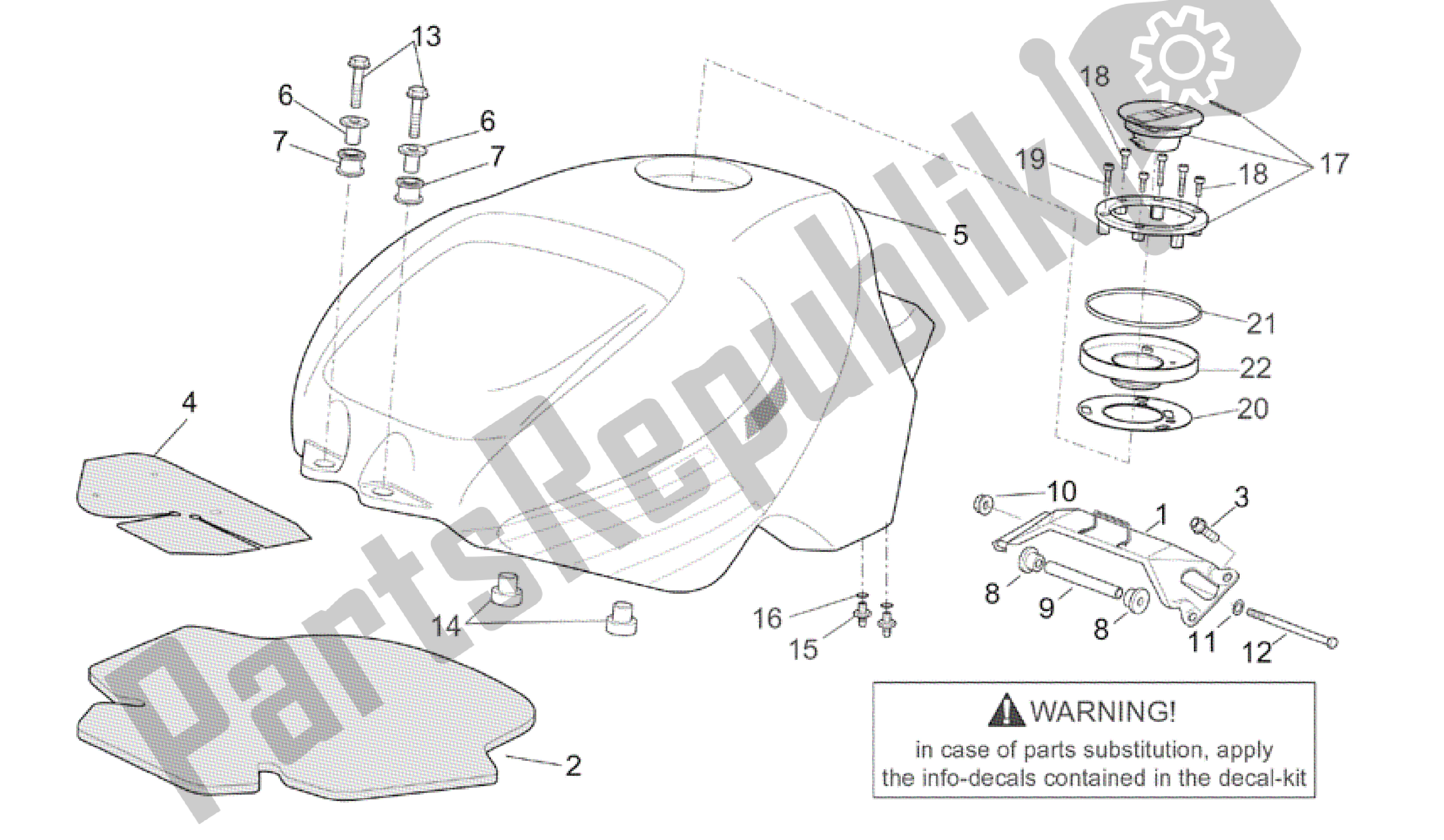 Alle onderdelen voor de Benzinetank van de Aprilia RSV Tuono R Factory 1000 2004 - 2005