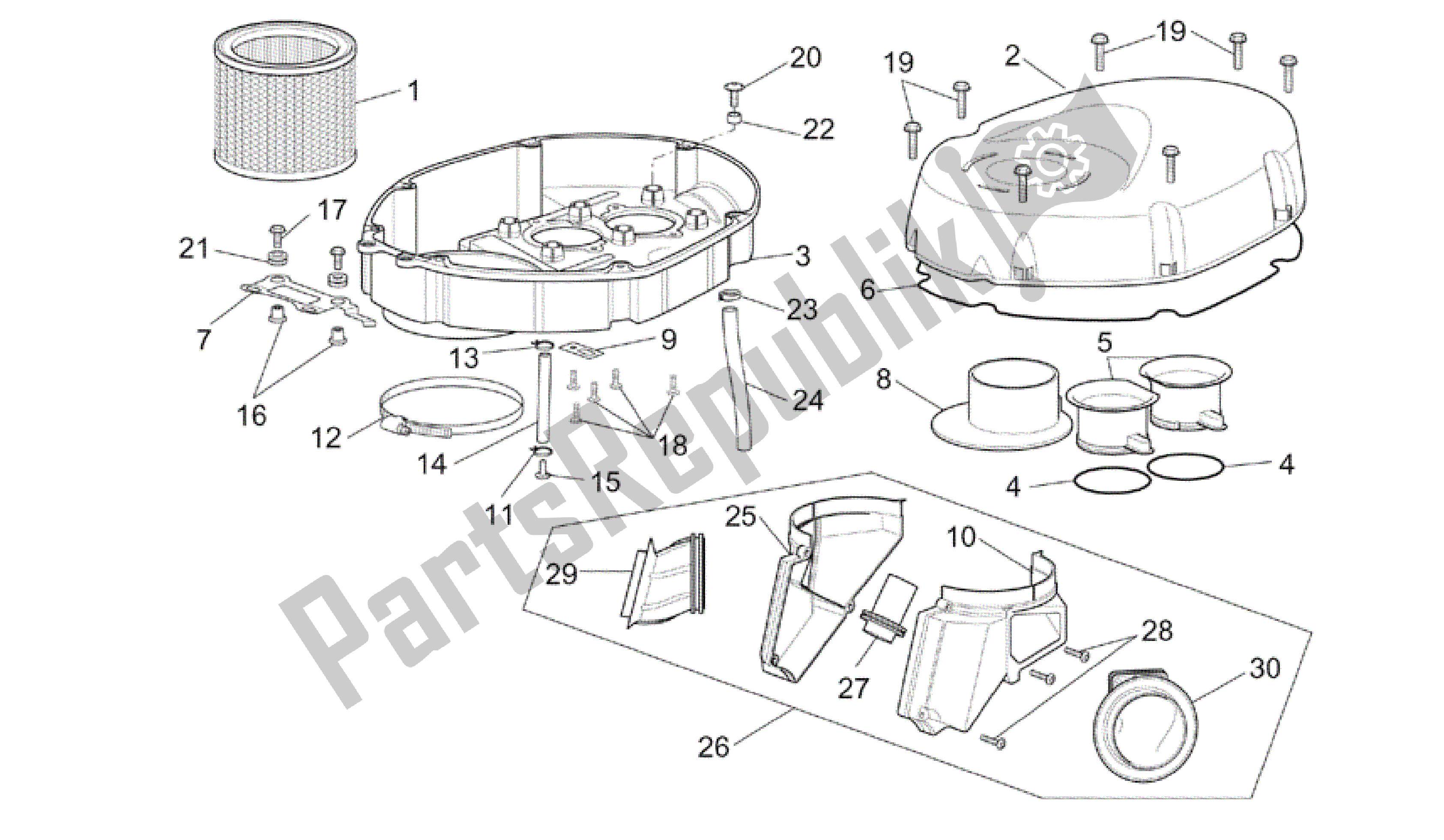 All parts for the Air Box of the Aprilia RSV Tuono R Factory 1000 2004 - 2005