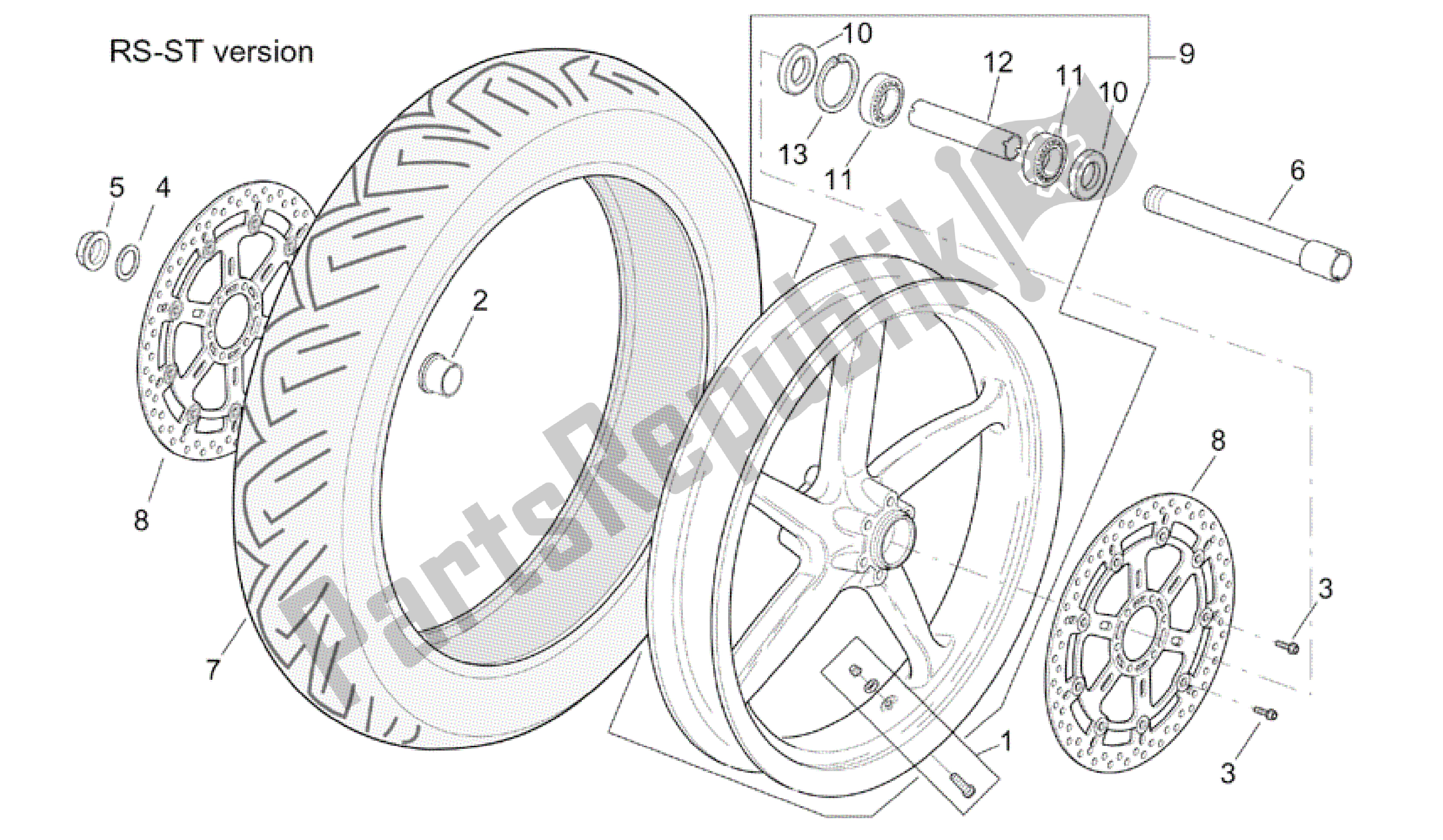 All parts for the St-rs Version Front Wheel of the Aprilia RSV Tuono R Factory 1000 2004 - 2005