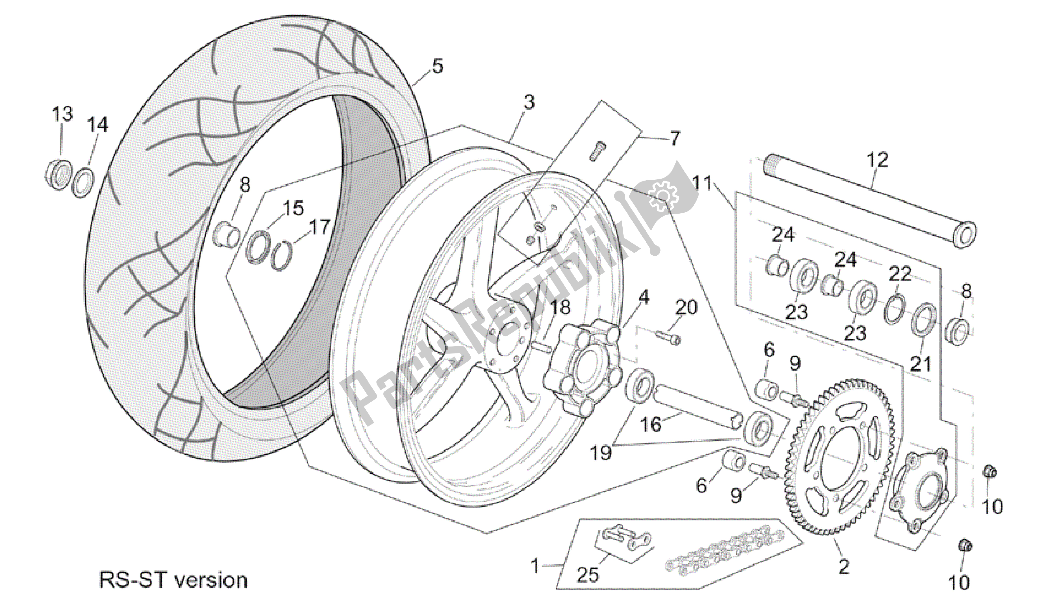 All parts for the St-rs Version Rear Wheel of the Aprilia RSV Tuono RS 1000 2004 - 2005