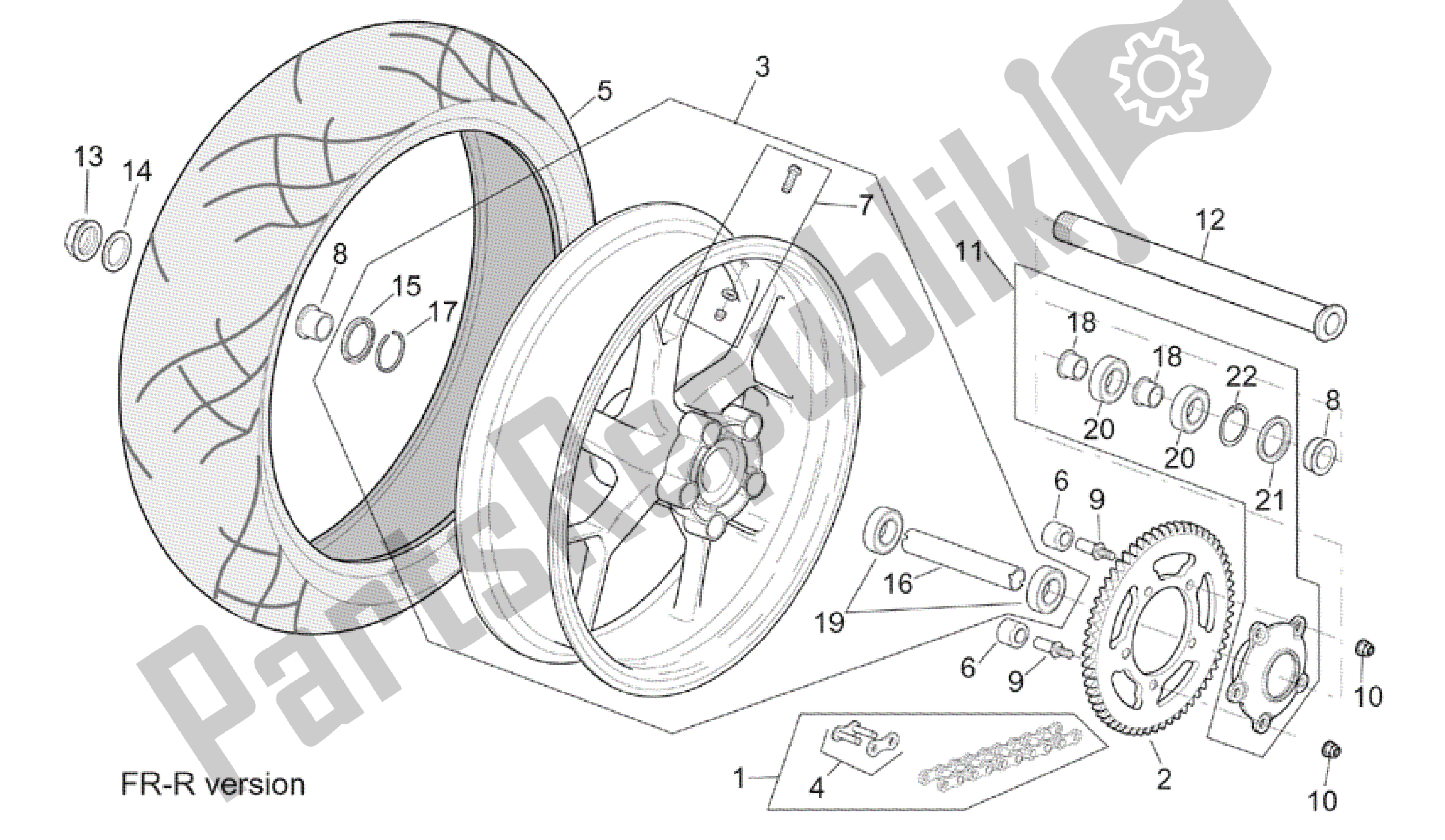 All parts for the R-rf Version Rear Wheel of the Aprilia RSV Tuono RS 1000 2004 - 2005