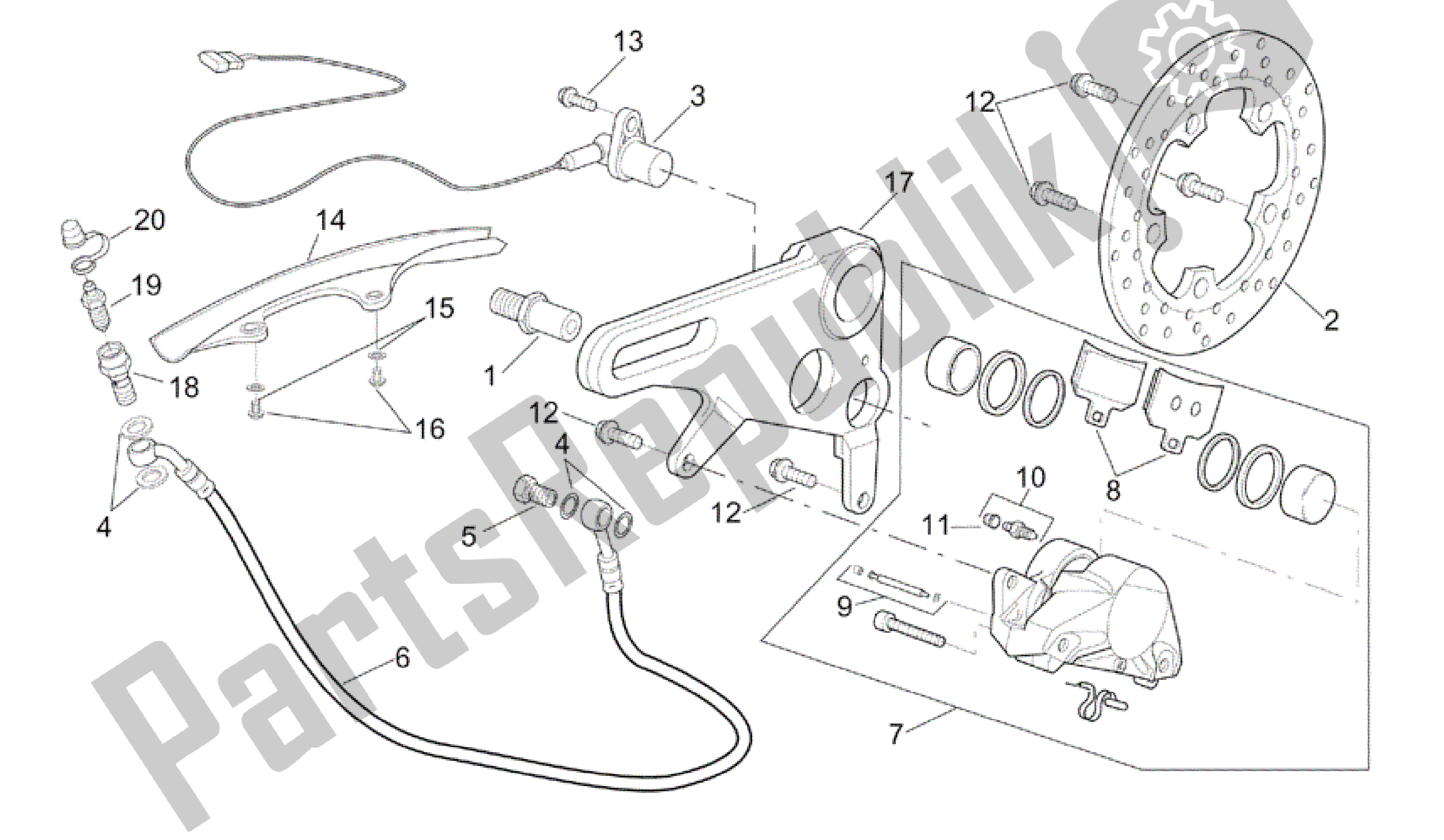 Tutte le parti per il Pinza Freno Posteriore del Aprilia RSV Tuono RS 1000 2004 - 2005