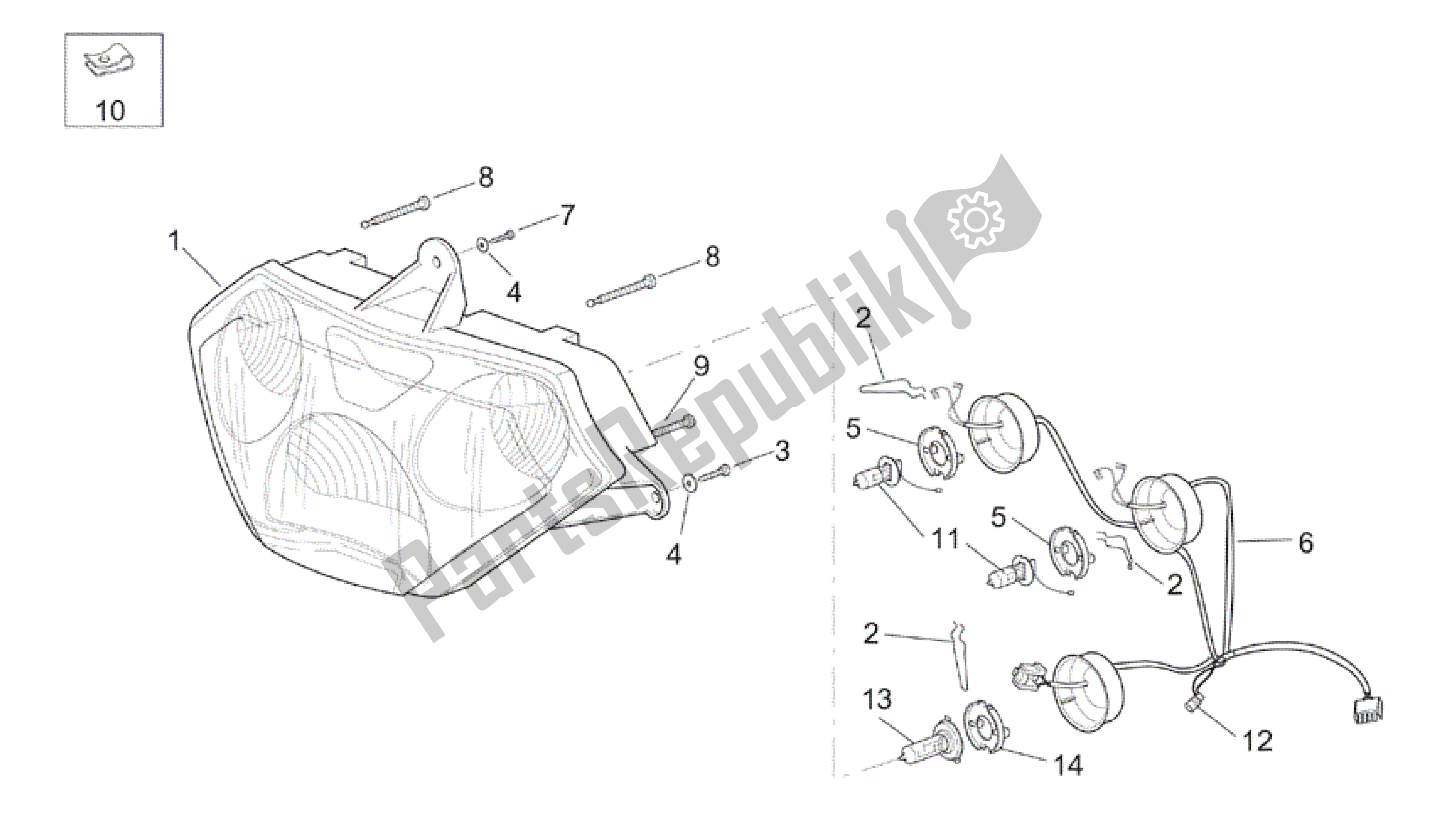 Alle onderdelen voor de Koplamp van de Aprilia RSV Tuono RS 1000 2004 - 2005