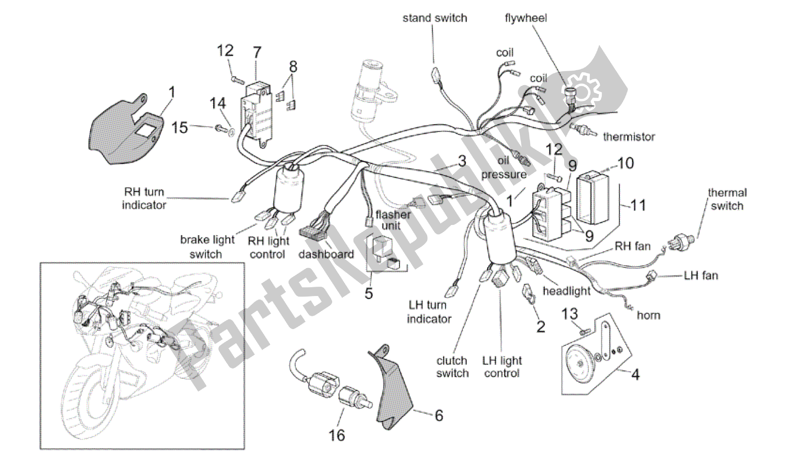 All parts for the Front Electrical System of the Aprilia RSV Tuono RS 1000 2004 - 2005