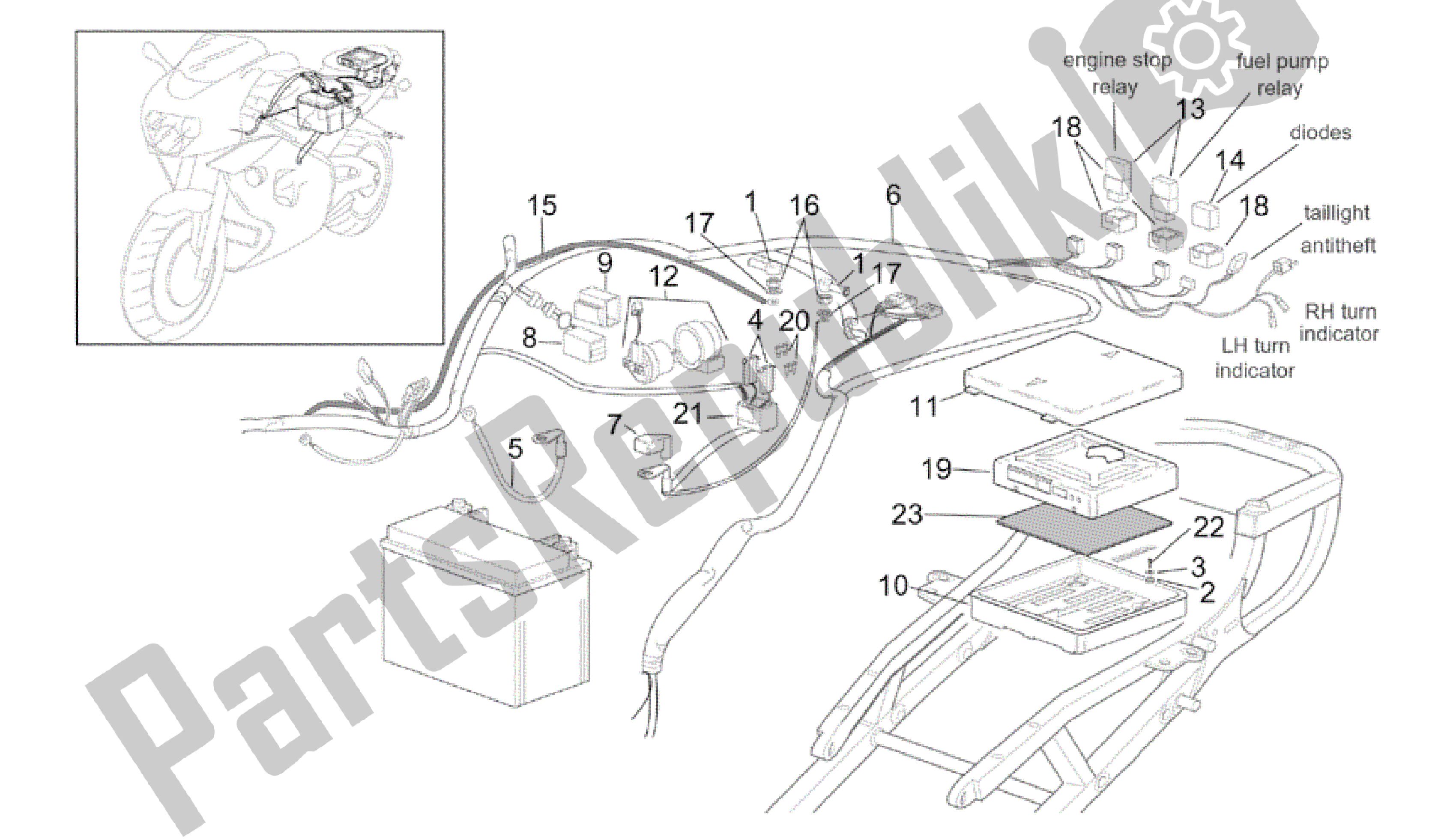 Alle onderdelen voor de Achter Elektrisch Systeem van de Aprilia RSV Tuono RS 1000 2004 - 2005